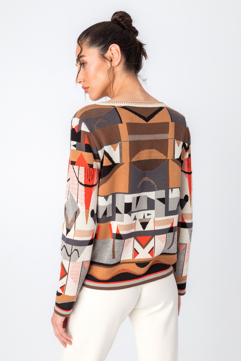 Multicolored Geometric Motif Pullover Crew Neck Sweater - Jacquard