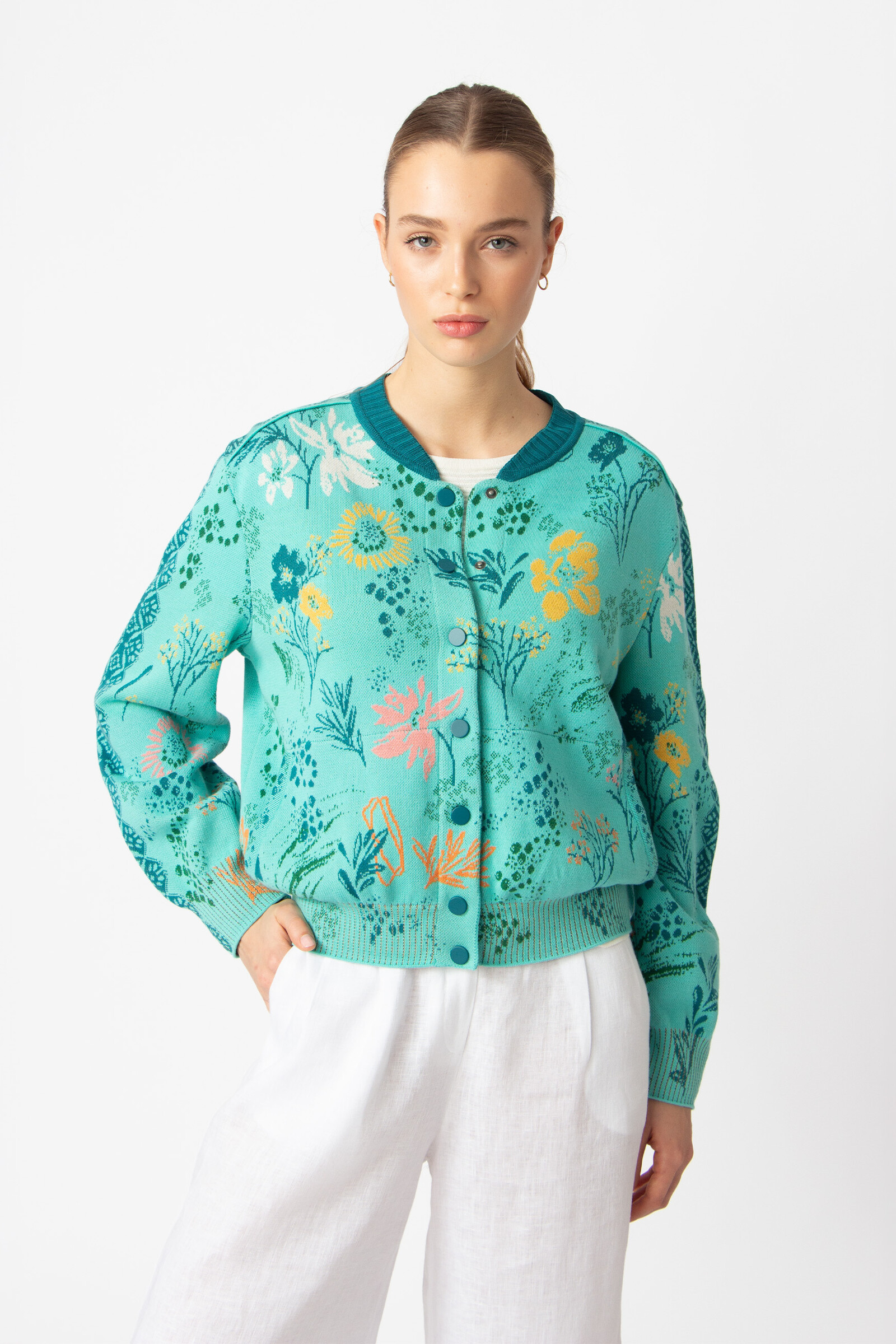 IVKO  Woman IVKO - Jacquard Bomber Jacket Floral Pattern Aqua