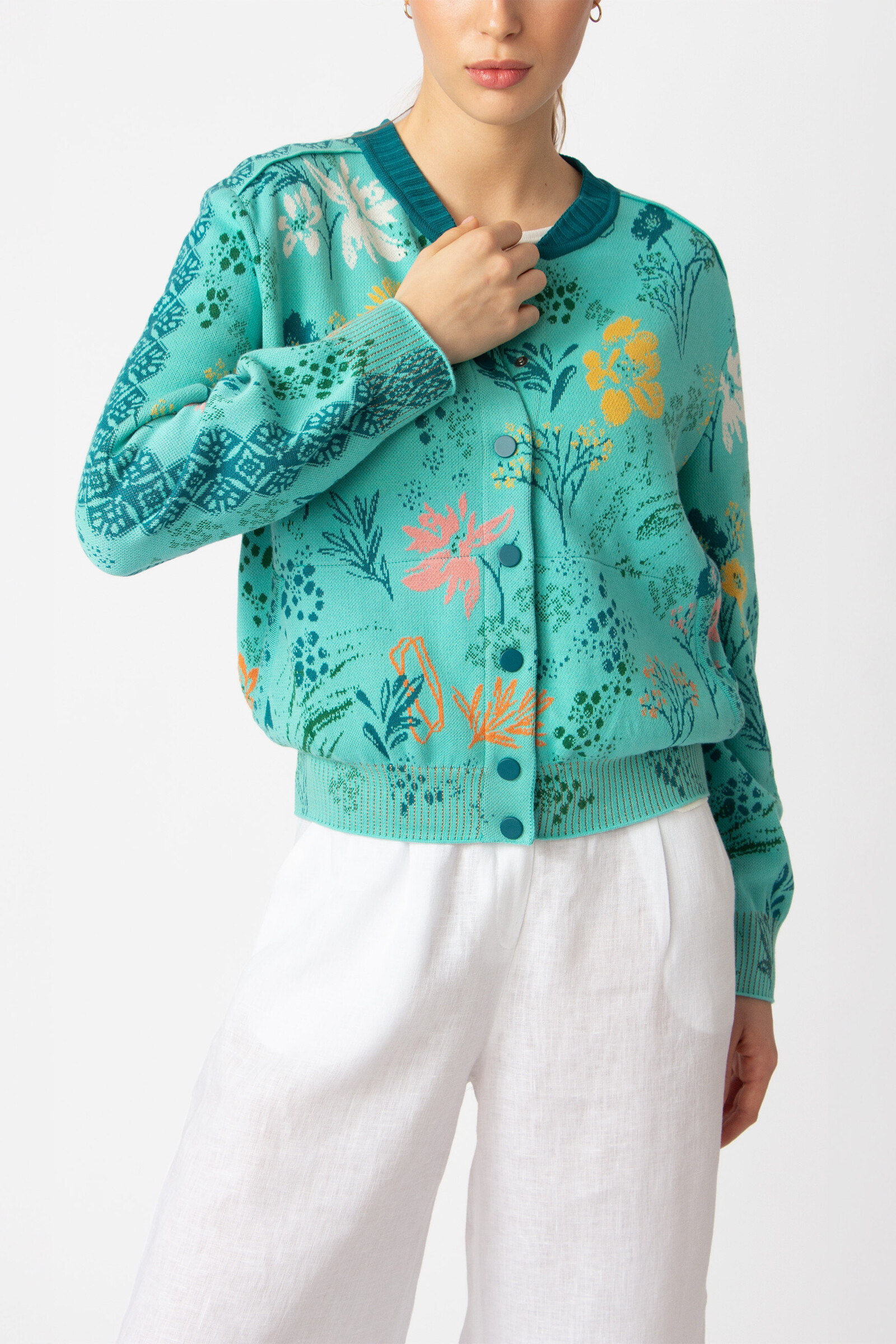 IVKO  Woman IVKO - Jacquard Bomber Jacket Floral Pattern Aqua