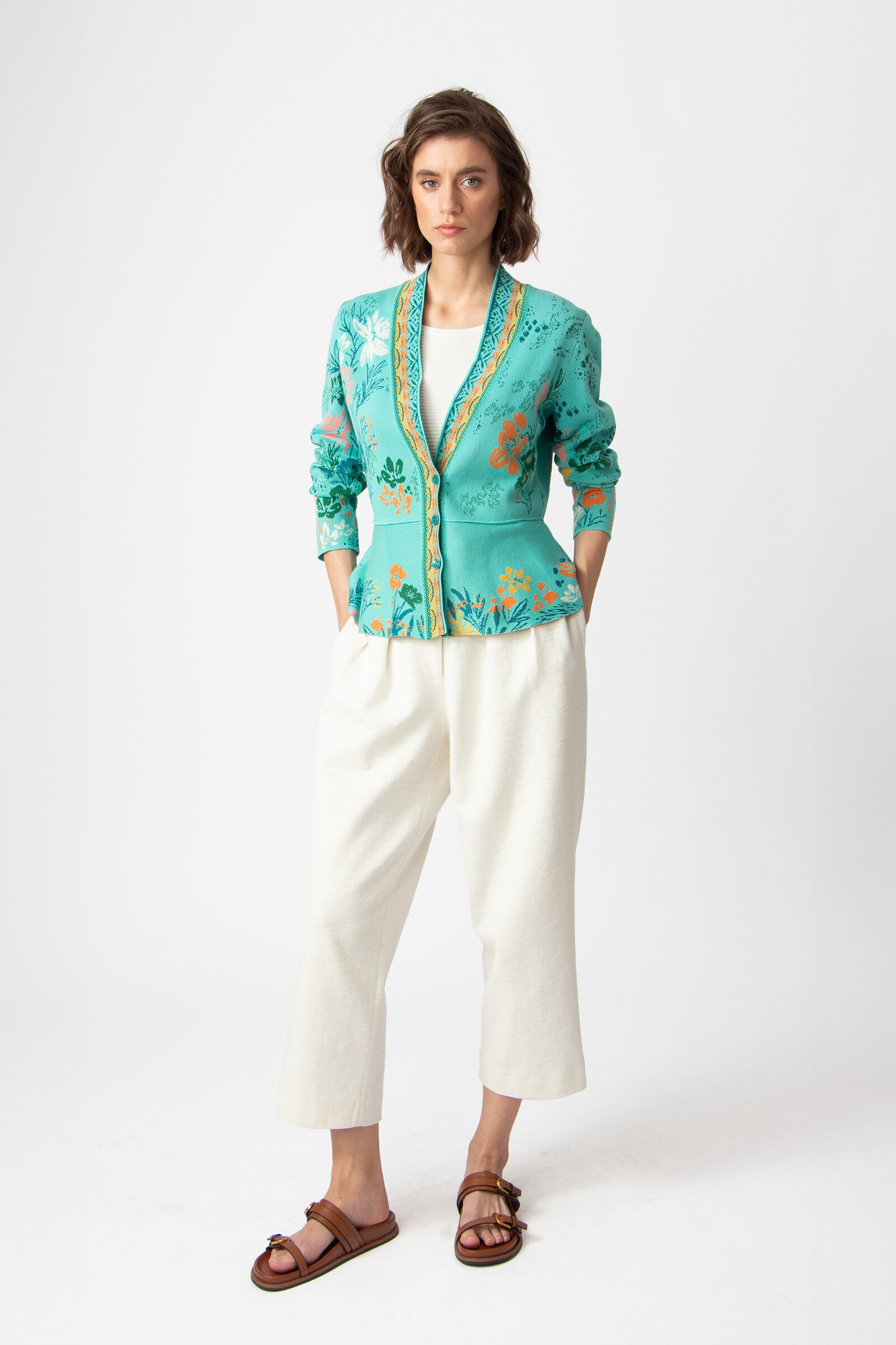 IVKO  Woman IVKO - V-Neck Jacket Floral Pattern Aqua