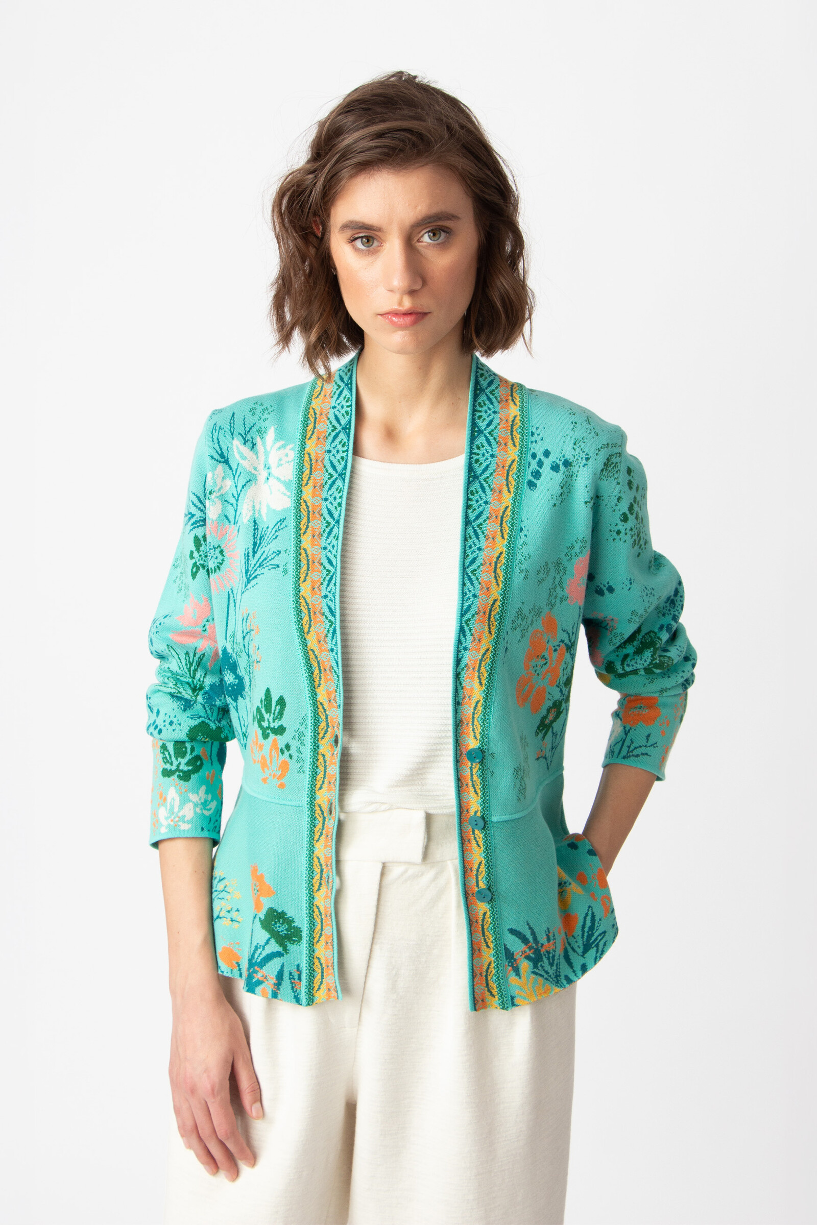 IVKO  Woman IVKO - V-Neck Jacket Floral Pattern Aqua
