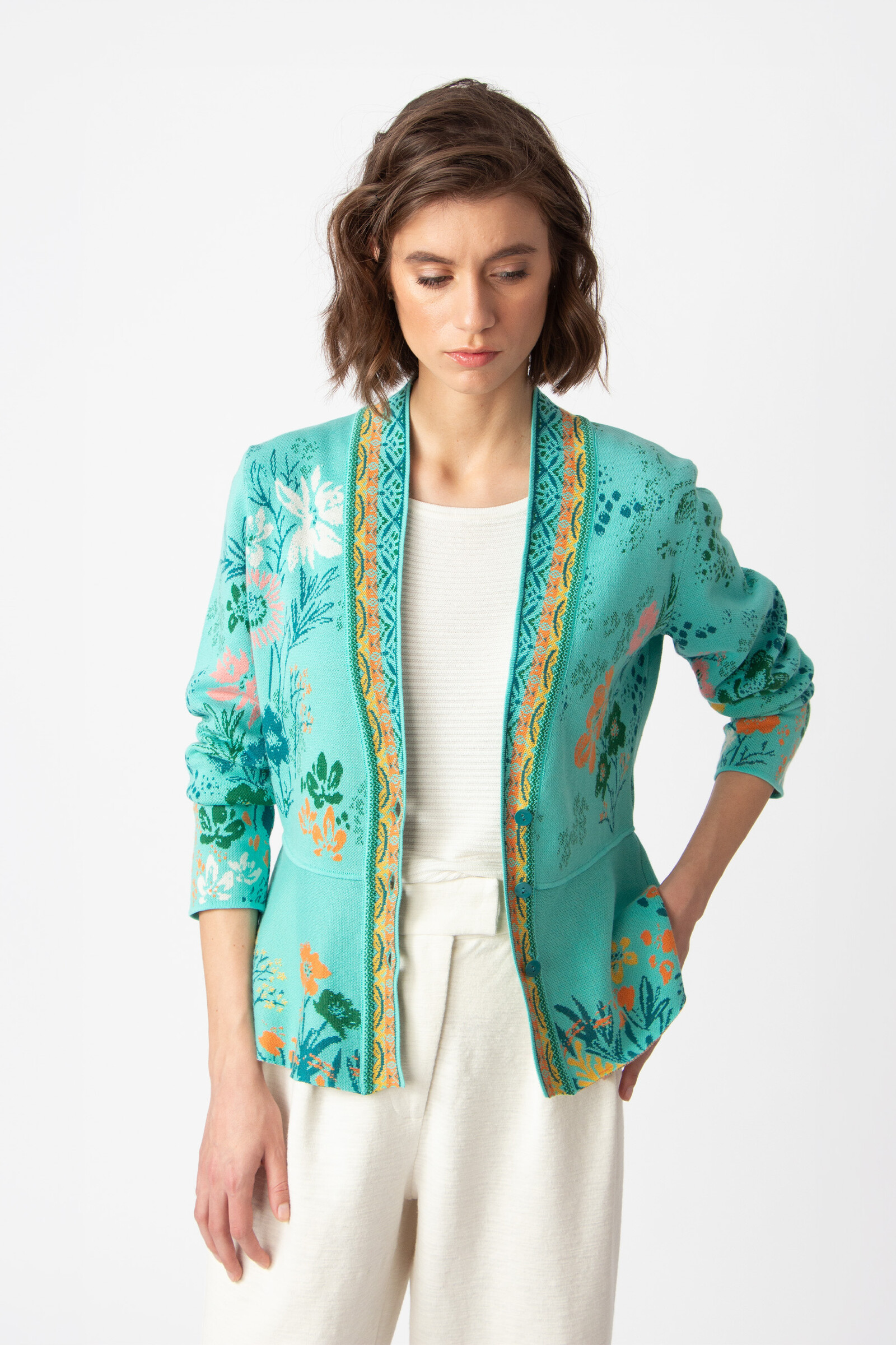 IVKO  Woman IVKO - V-Neck Jacket Floral Pattern Aqua