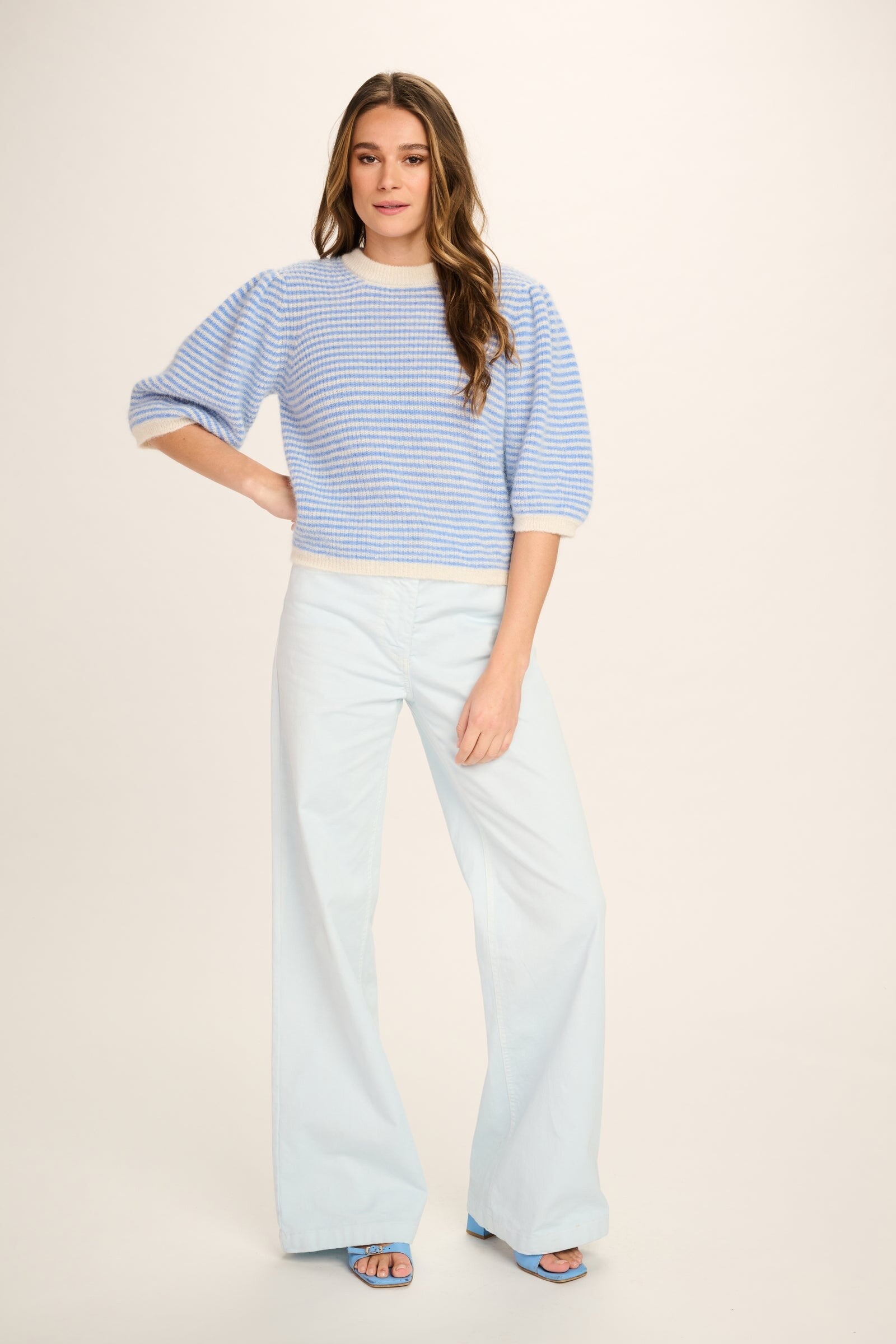 Les Tricots d'O Les Tricots d'O - Federica Alpaca Puff Sleeve Pullover Jeans Blue/Off-White Striped
