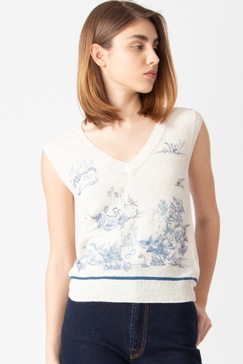 IVKO - Sleeveless Pullover with Embroidery Garden Nostalgic Pattern China Blue