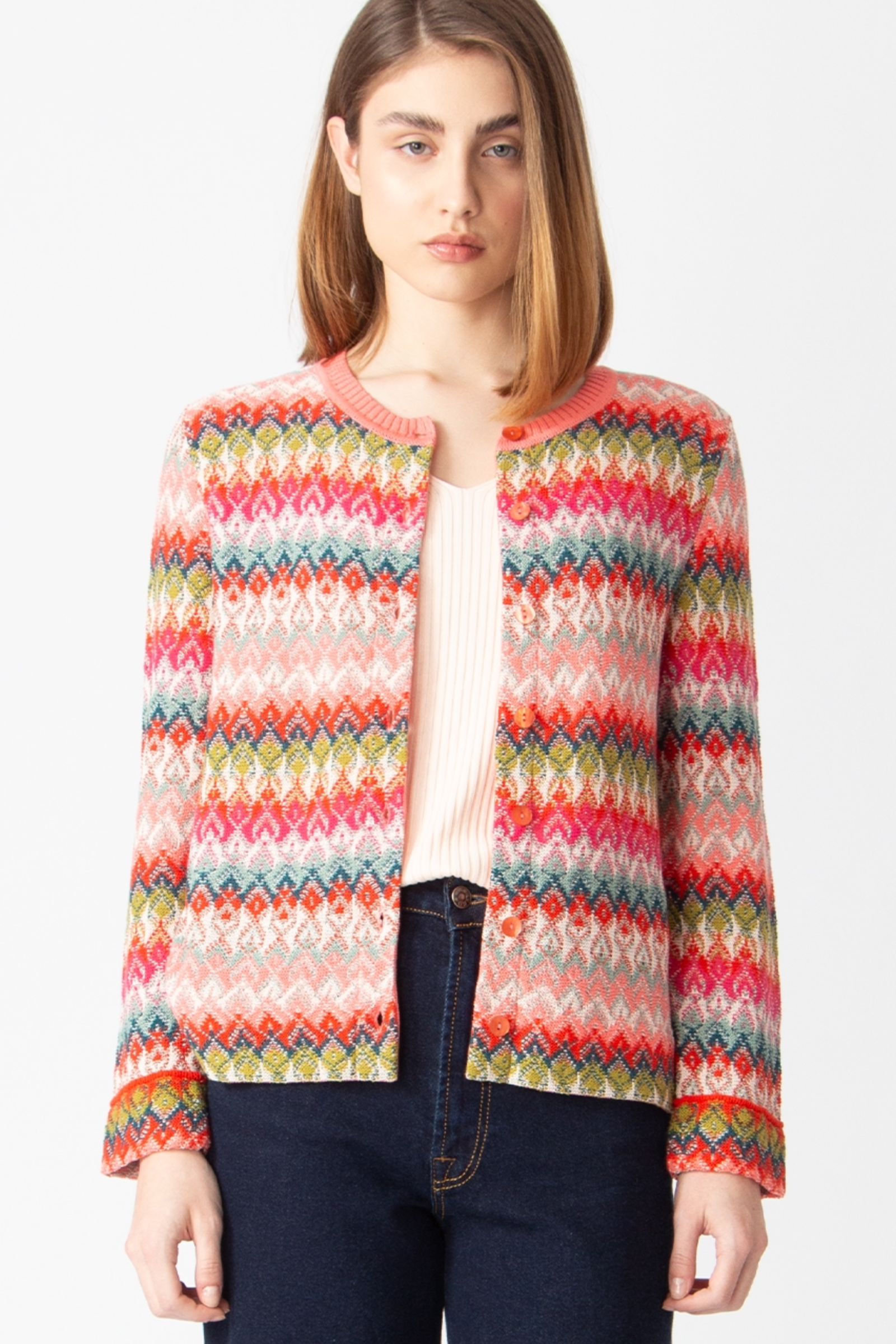 IVKO  Woman IVKO - Cardigan O-Neck Retro Crochet Pattern Coral