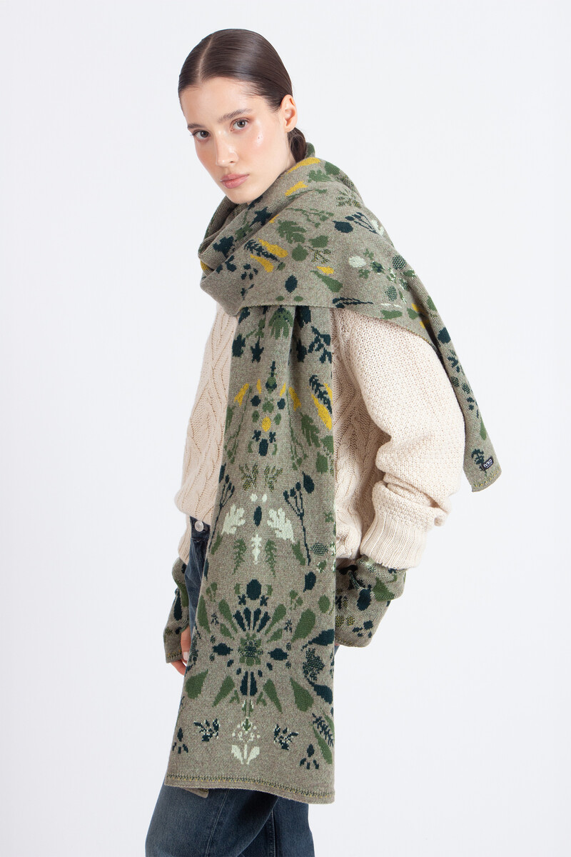 IVKO - Scarf Plantopia Pattern Salvia | Luxe Dames Sjaal Saliegroen Wol & Kasjmier