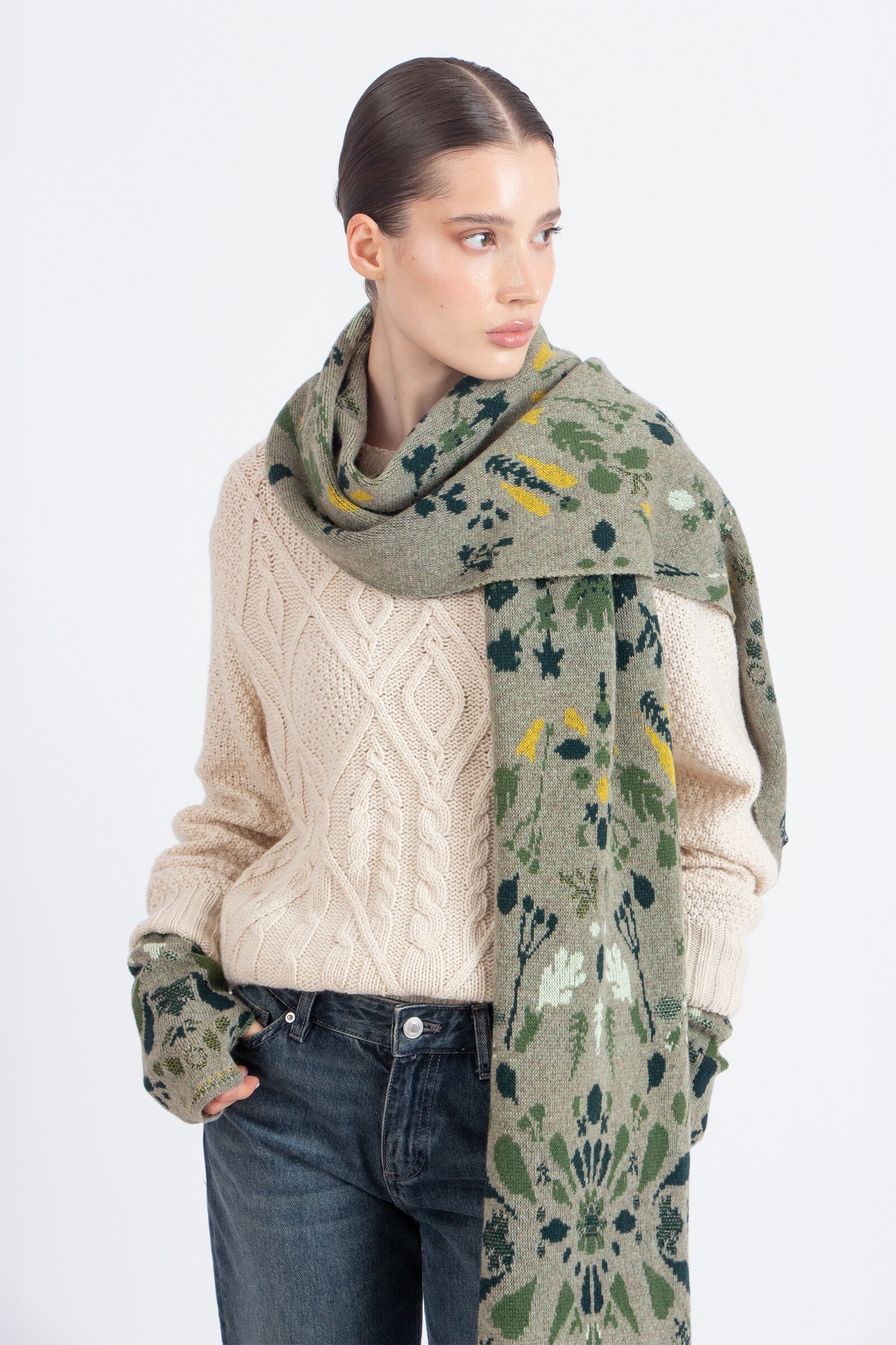 IVKO  Woman IVKO - Scarf Plantopia Pattern Salvia | Damen Strickschal Salbeigrün Wolle & Kaschmir