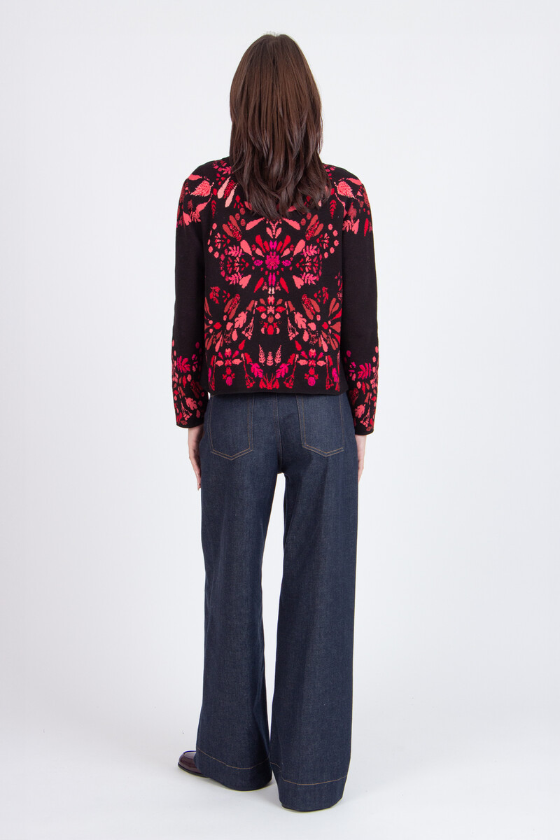 IVKO - O-Neck Cardigan Plantopia Pattern Chocolate Black | Damen Baumwoll-Cardigan mit Blumenmuster