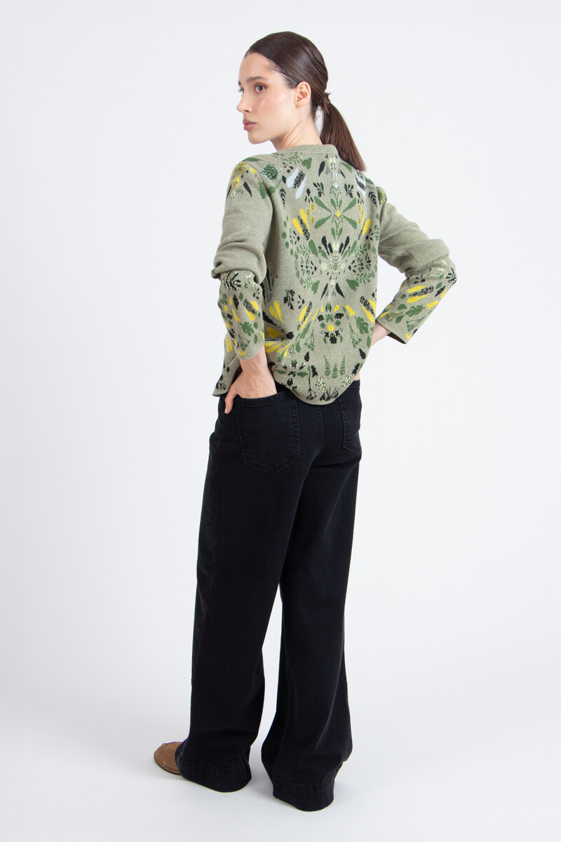 IVKO - O-Neck Cardigan Plantopia Pattern Salvia | Damen Cardigan Salbeigrün Baumwolle