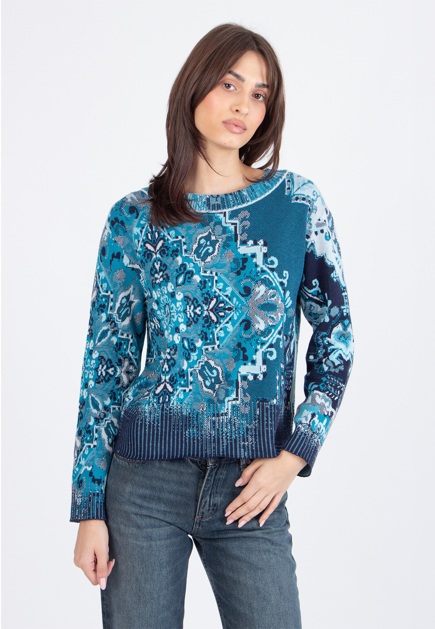 IVKO Sweater | Women’s Cotton Knit Navy & Turquoise - 13 doors