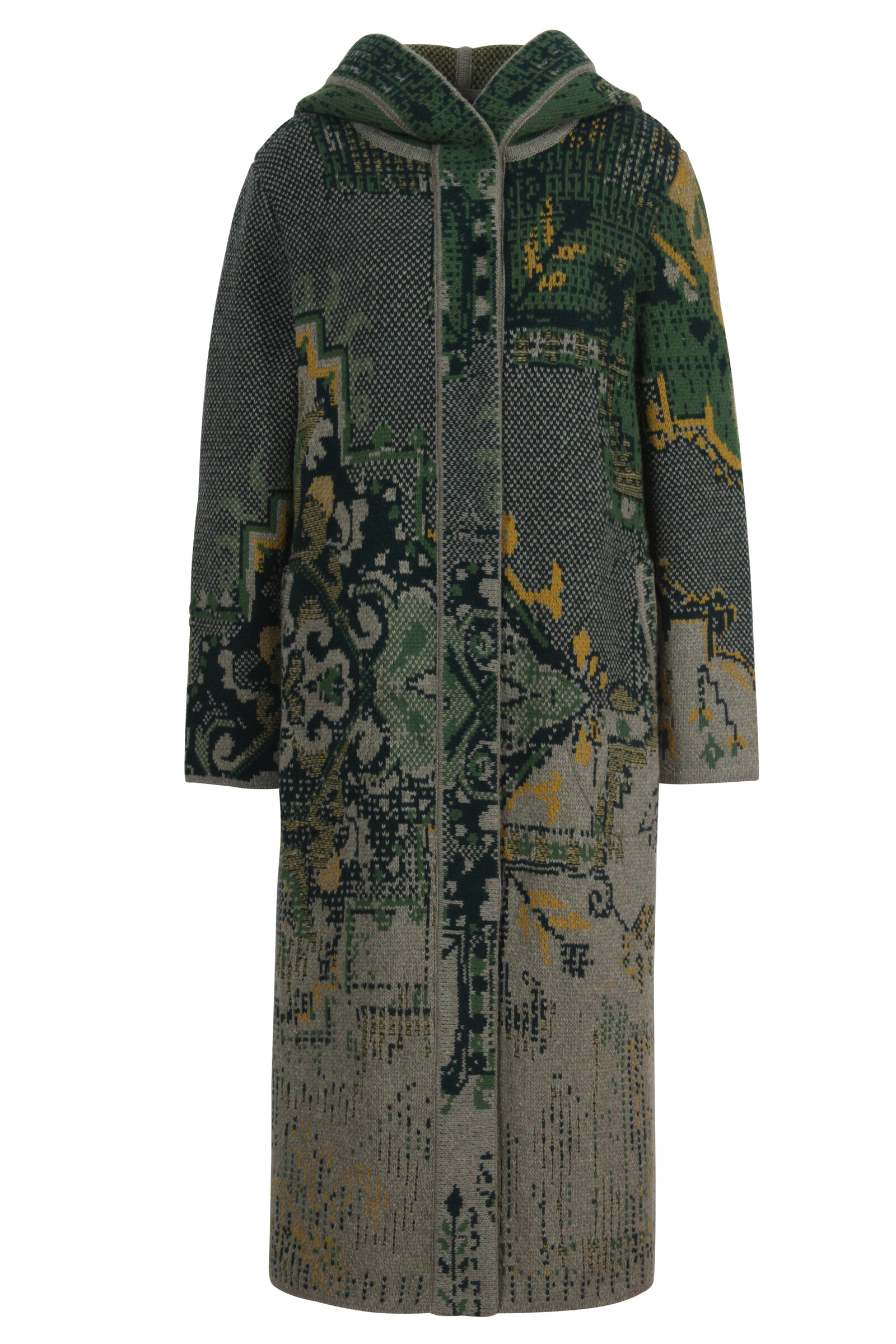IVKO  Woman IVKO - Jacquard Coat with Hoodie Kilim Pattern Salvia | Damen Wollmantel mit Kapuze