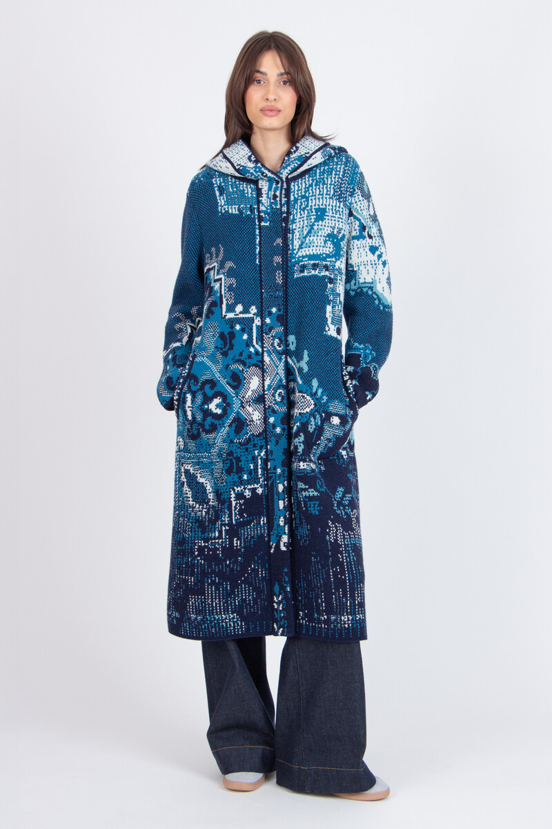 IVKO - Jacquard Coat with Hoodie Kilim Pattern Marine | Manteau Femme Laine Marine avec Capuche