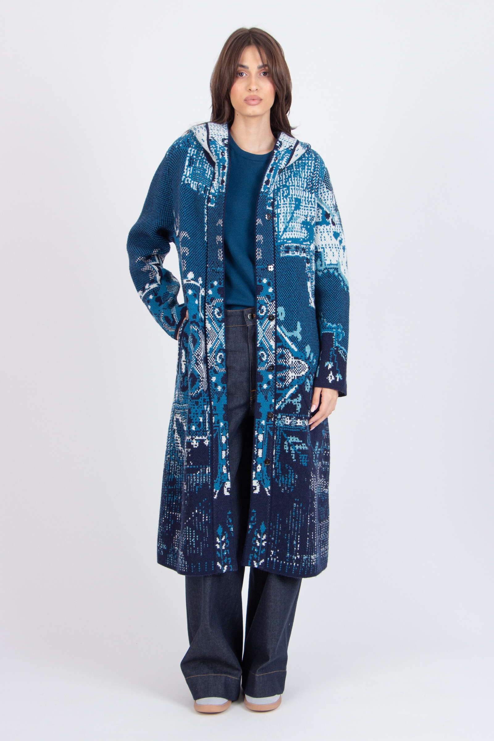 IVKO  Woman IVKO - Jacquard Coat with Hoodie Kilim Pattern Marine | Women’s Wool Blend Navy Blue Coat with Hood