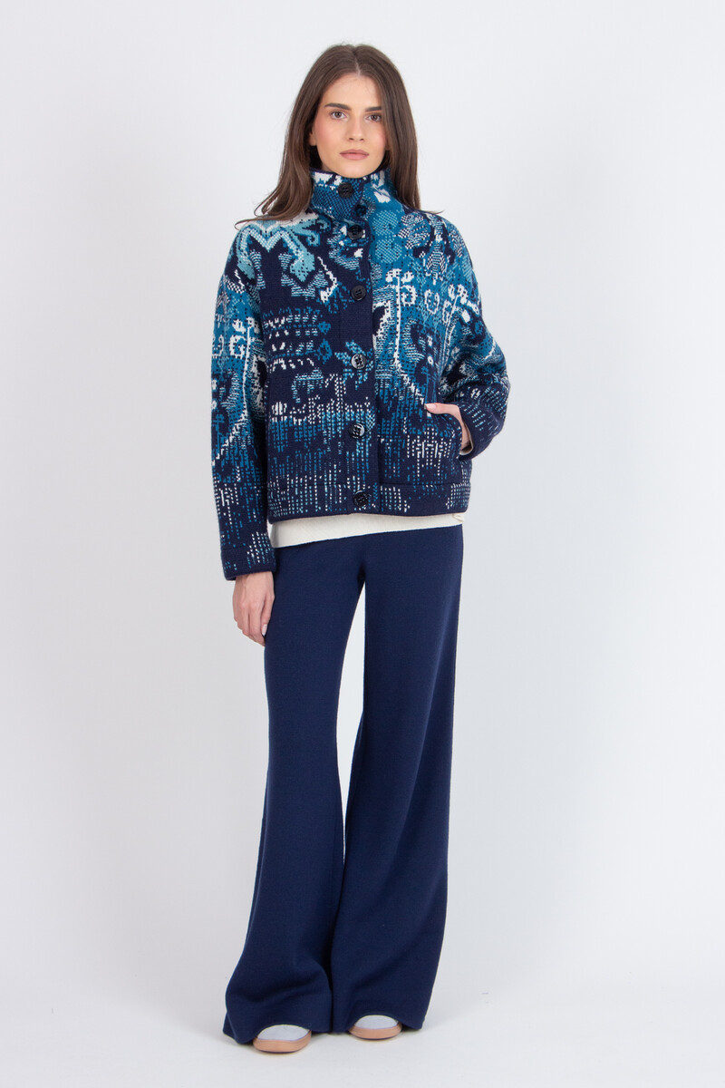 IVKO - Jacquard Roll-Neck Jacket Kilim Pattern Marine | Ungefütterte Blaue IVKO Jacke aus Wollmix