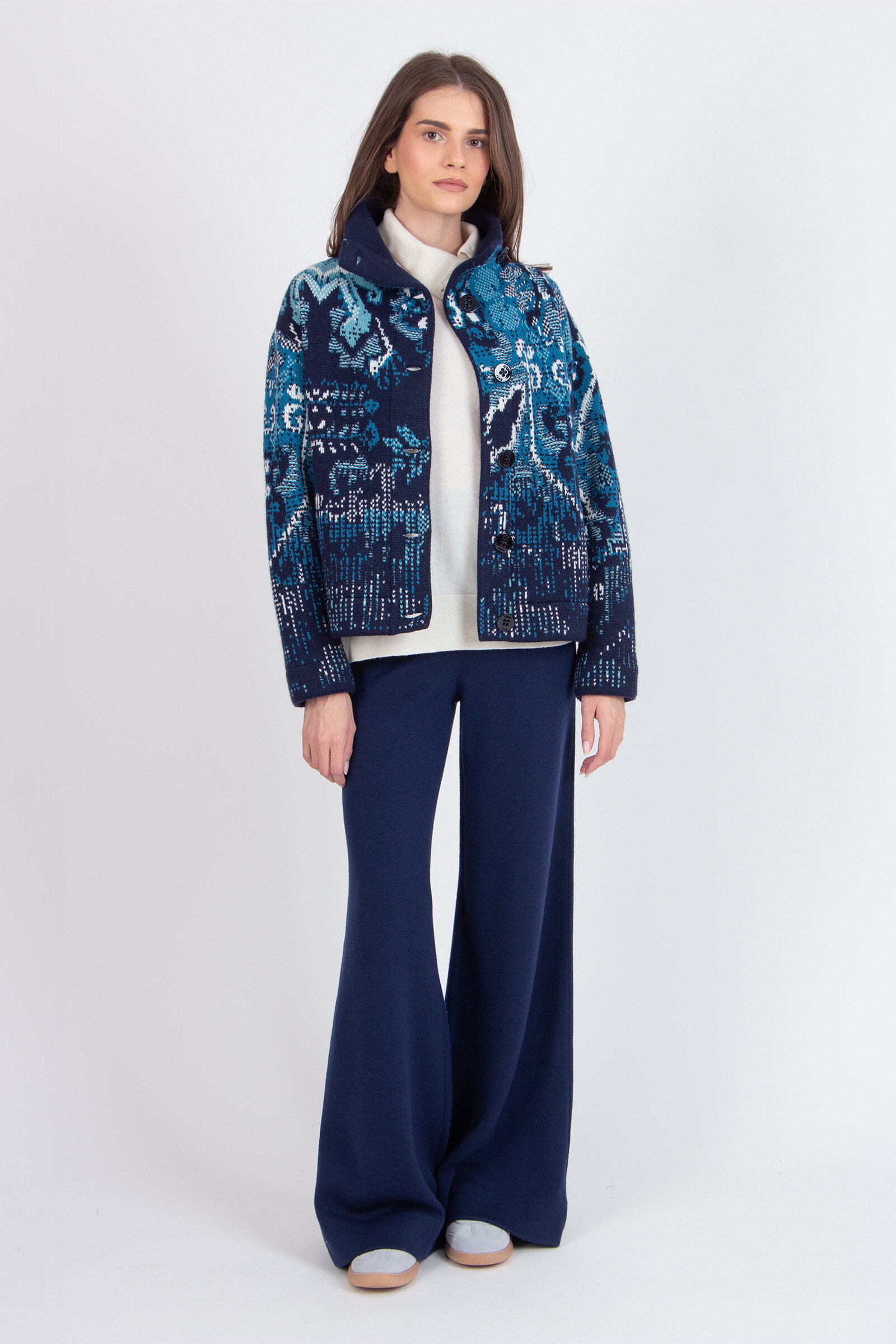 IVKO  Woman IVKO - Jacquard Roll-Neck Jacket Kilim Pattern Marine | Unlined Blue IVKO Jacket Wool Blend