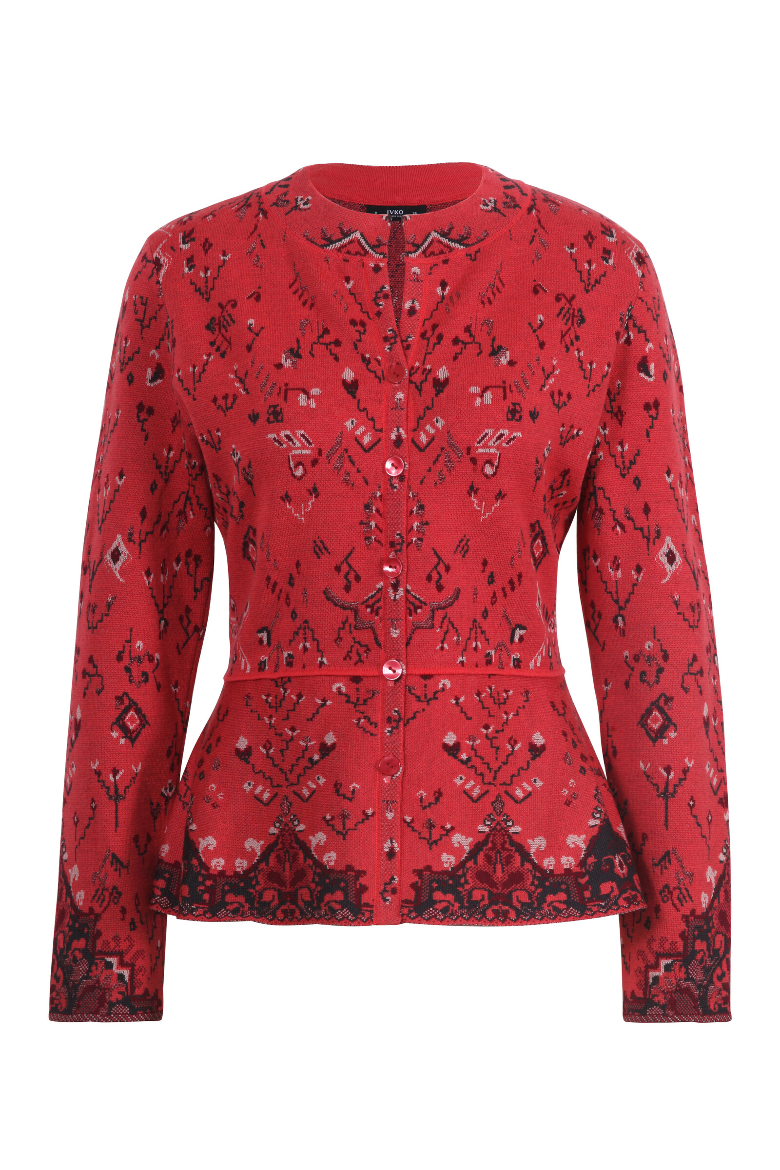 IVKO  Woman IVKO - O-Neck Jacquard Cardigan Kilim Pattern Coral | Korallenrote IVKO Strickjacke