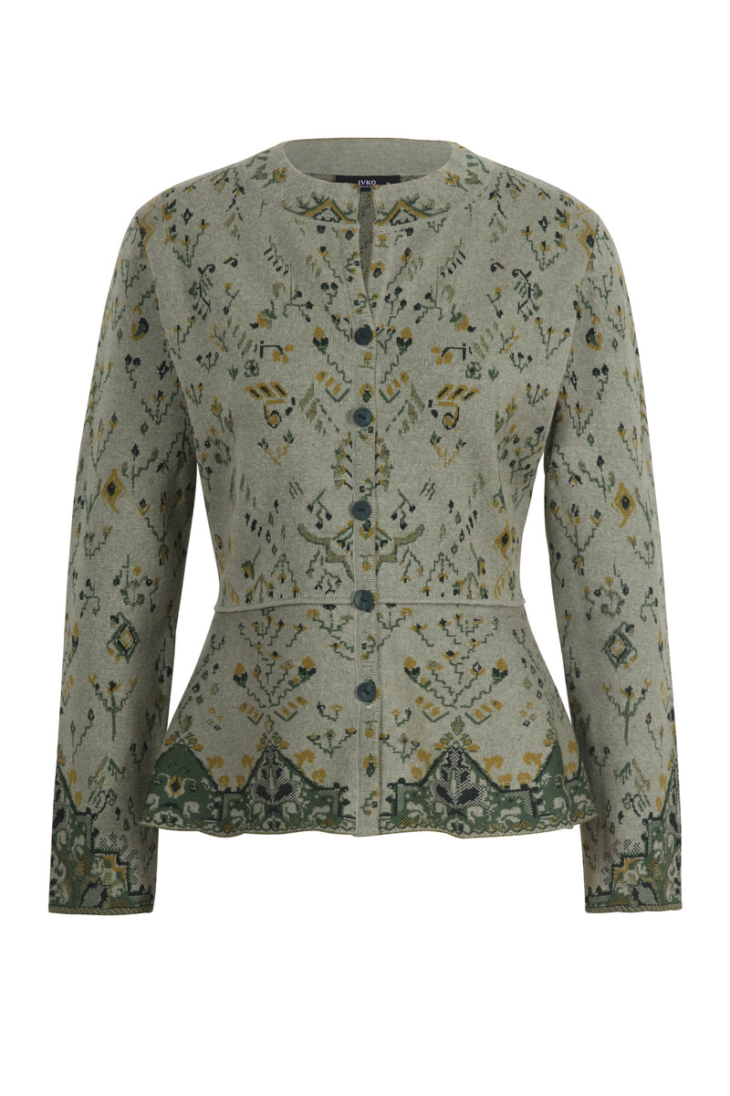 IVKO - O-Neck Jacquard Cardigan Kilim Pattern Salvia | Elegant IVKO vest met schootje