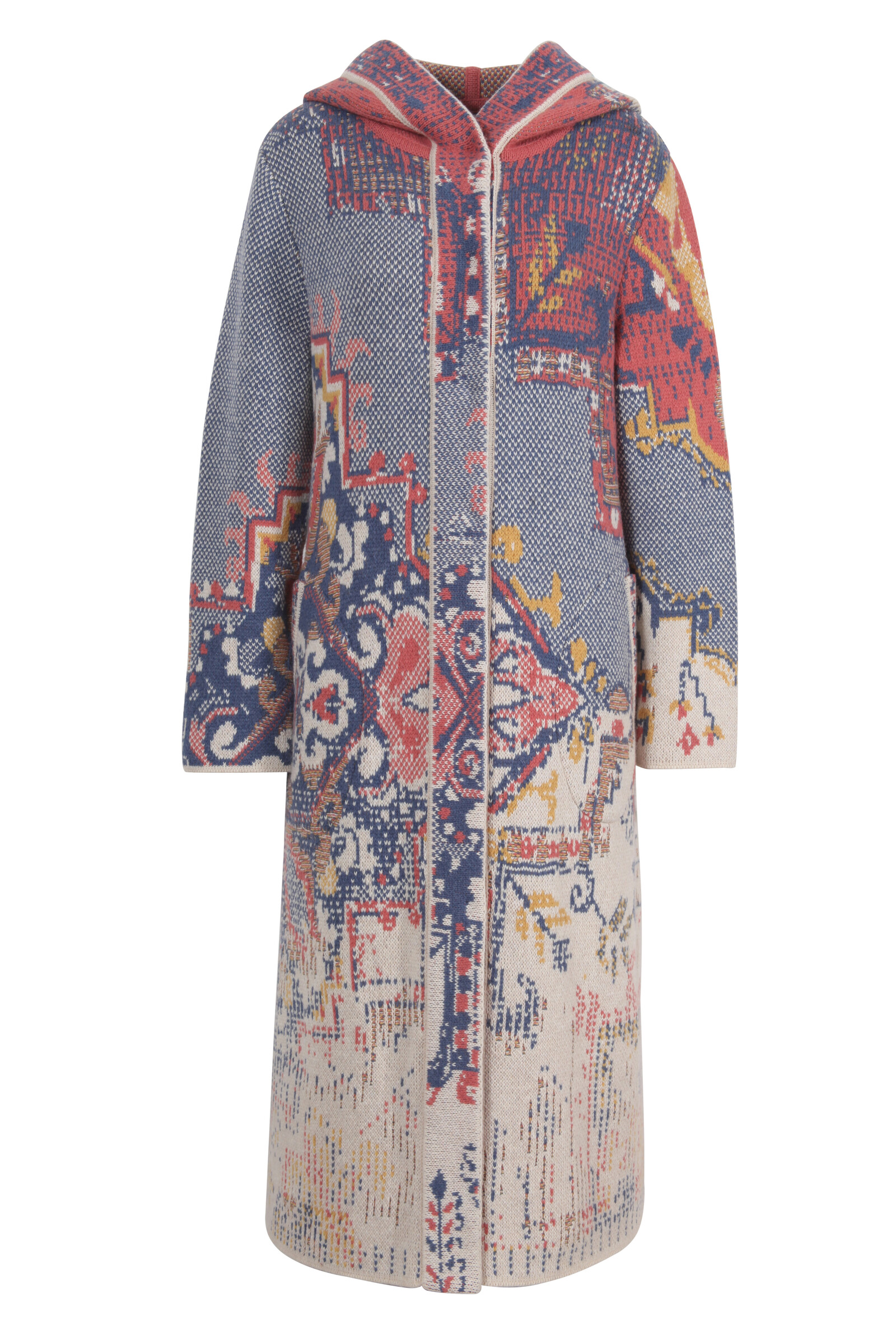 IVKO  Woman IVKO - Jacquard Coat with Hoodie Kilim Pattern  Off-White | Damen Wollmantel Off-White mit Kapuze