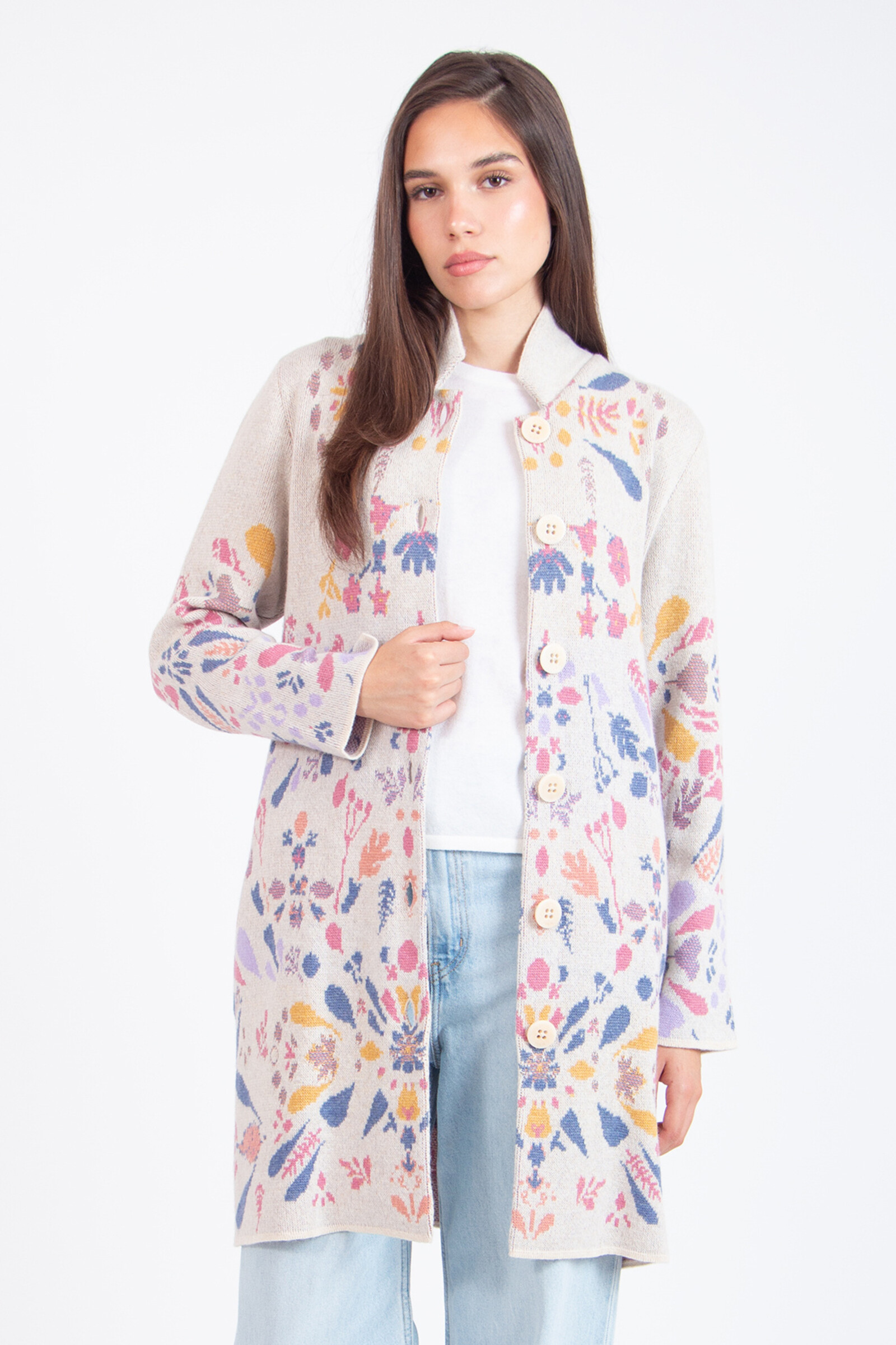 IVKO  Woman IVKO - Coatigan Plantopia Pattern Off-White | Luxe IVKO Wollen Vest met Bloemenpatroon
