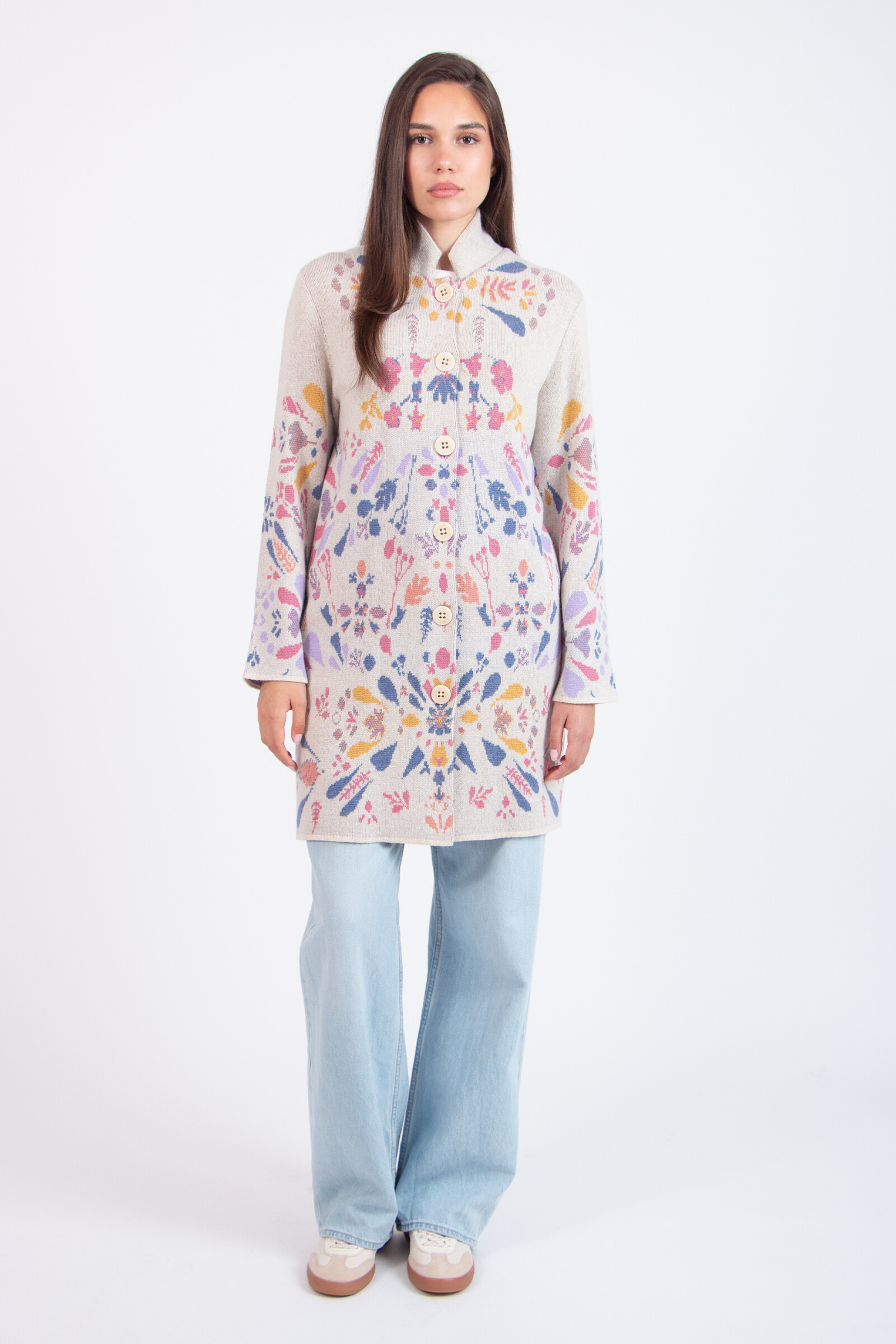 IVKO  Woman IVKO - Coatigan Plantopia Pattern Off-White | Luxe IVKO Wollen Vest met Bloemenpatroon