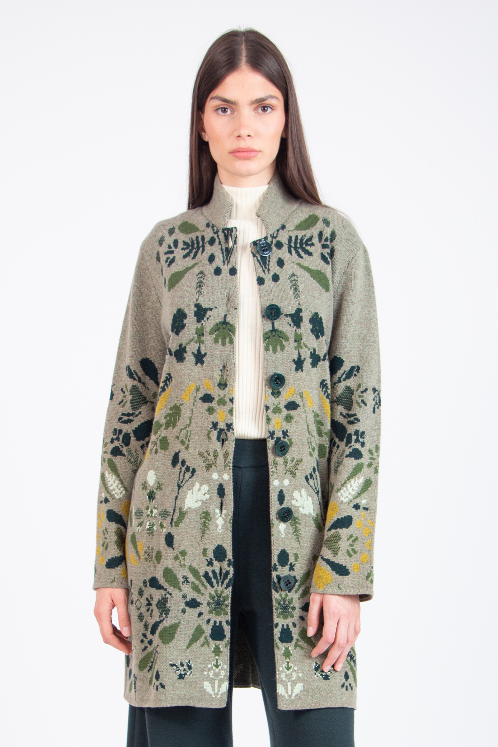 IVKO  Woman IVKO - Coatigan Plantopia Pattern Salvia| Luxe IVKO Wollen Vest met Bloemenpatroon