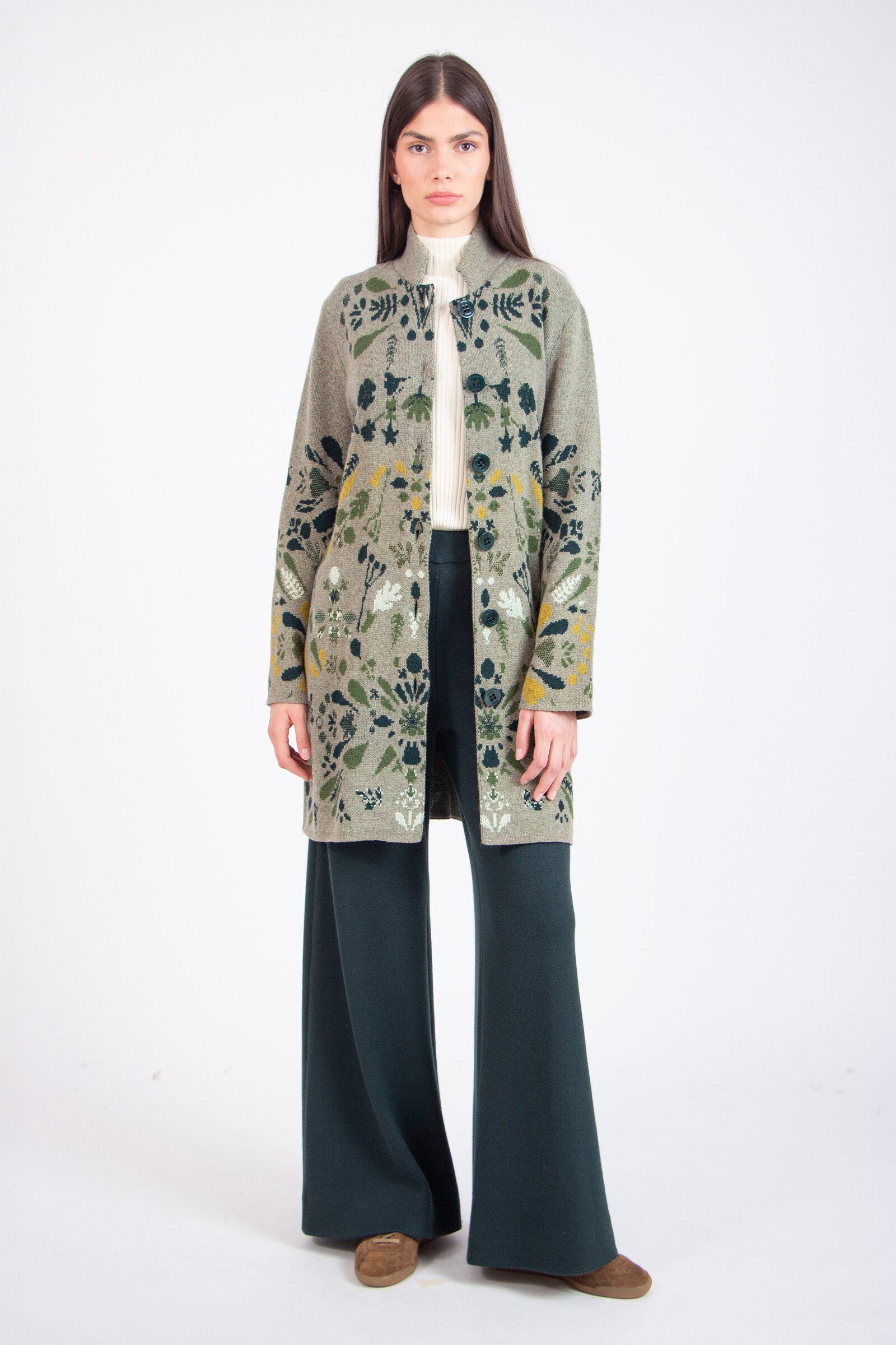 IVKO  Woman IVKO - Coatigan Plantopia Pattern Salvia| Luxe IVKO Wollen Vest met Bloemenpatroon