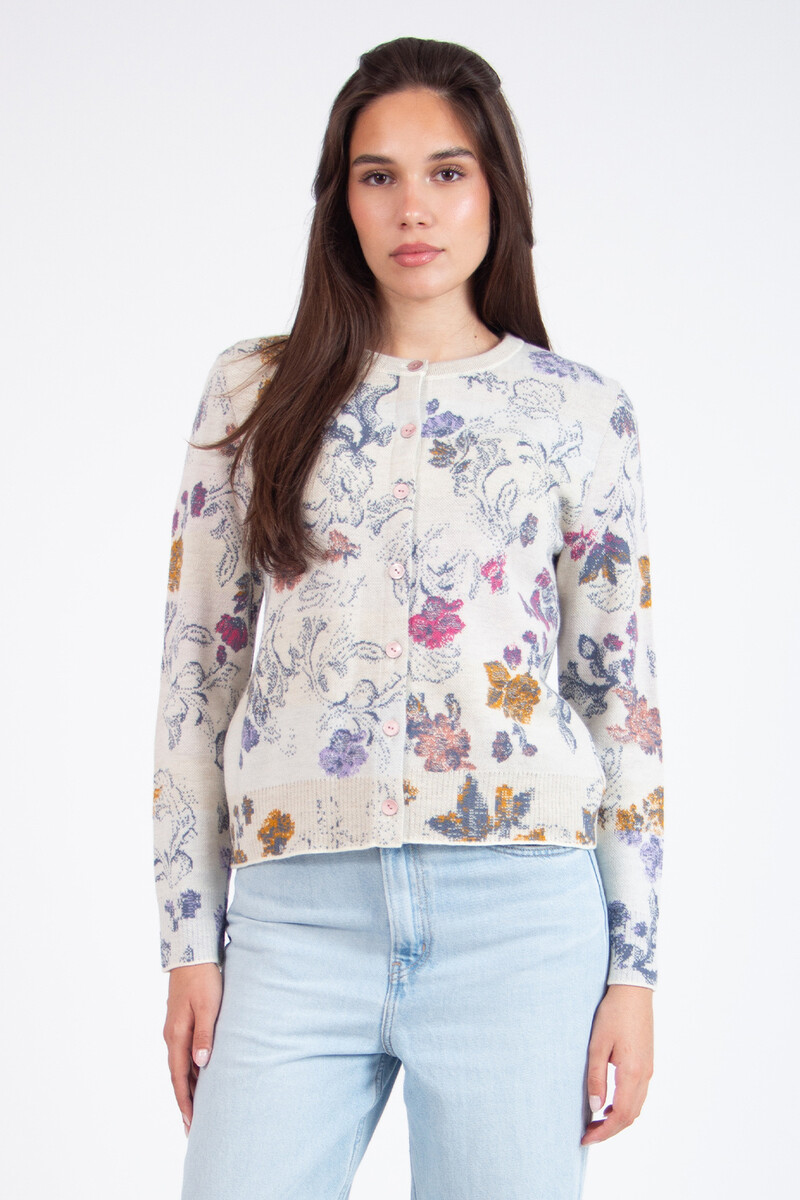 IVKO - Jacquard Cardigan Furnishing Florals Pattern Off-White | Romantisch IVKO Vest van Wol & Viscose