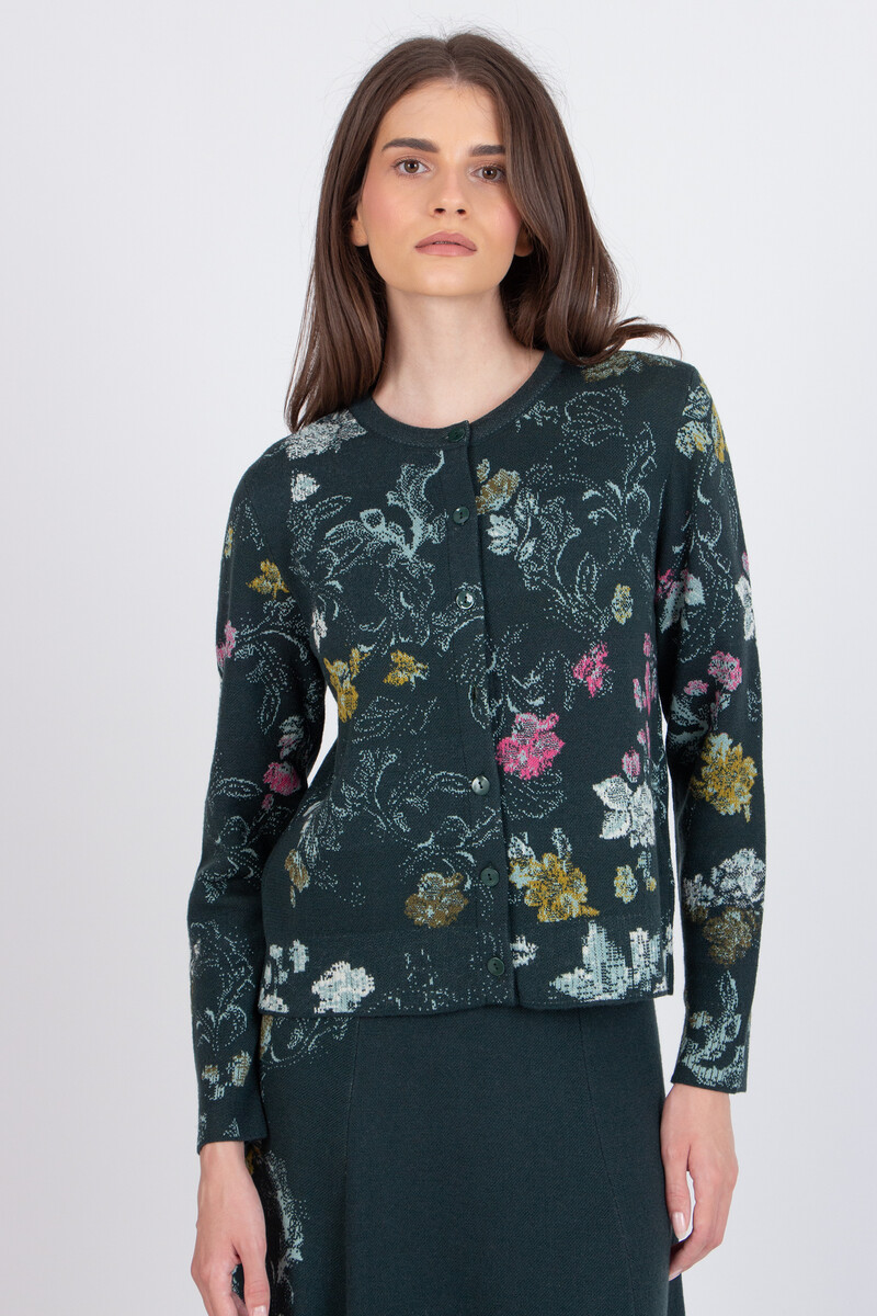 IVKO - Jacquard Cardigan Furnishing Florals Pattern  Forest | Betoverend IVKO Vest van Wol & Viscose