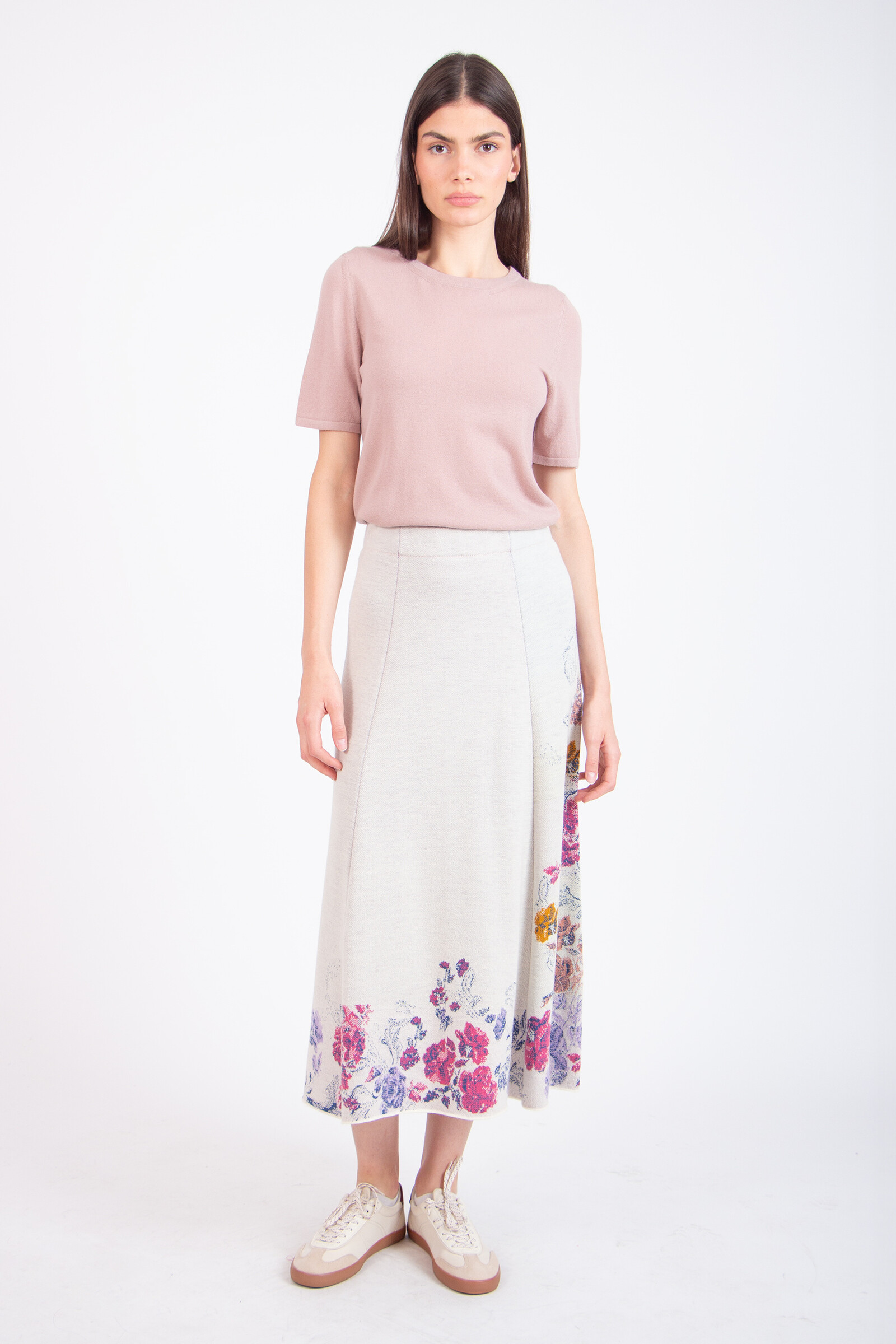 IVKO  Woman IVKO - Midi Skirt Furnishing Florals Pattern Off-White | Charmante Rok van Wol en Viscose