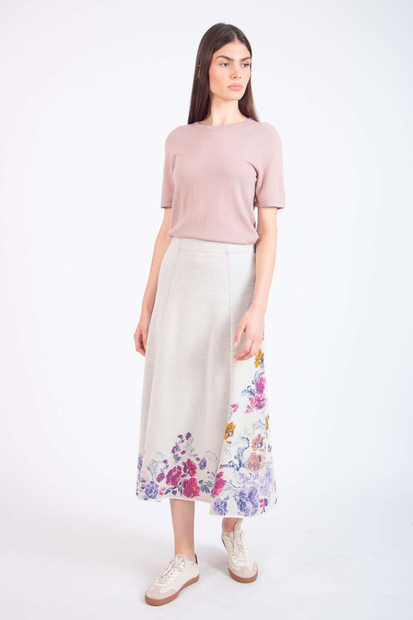 IVKO  Woman IVKO - Midi Skirt Furnishing Florals Pattern Off-White | Charmante Rok van Wol en Viscose