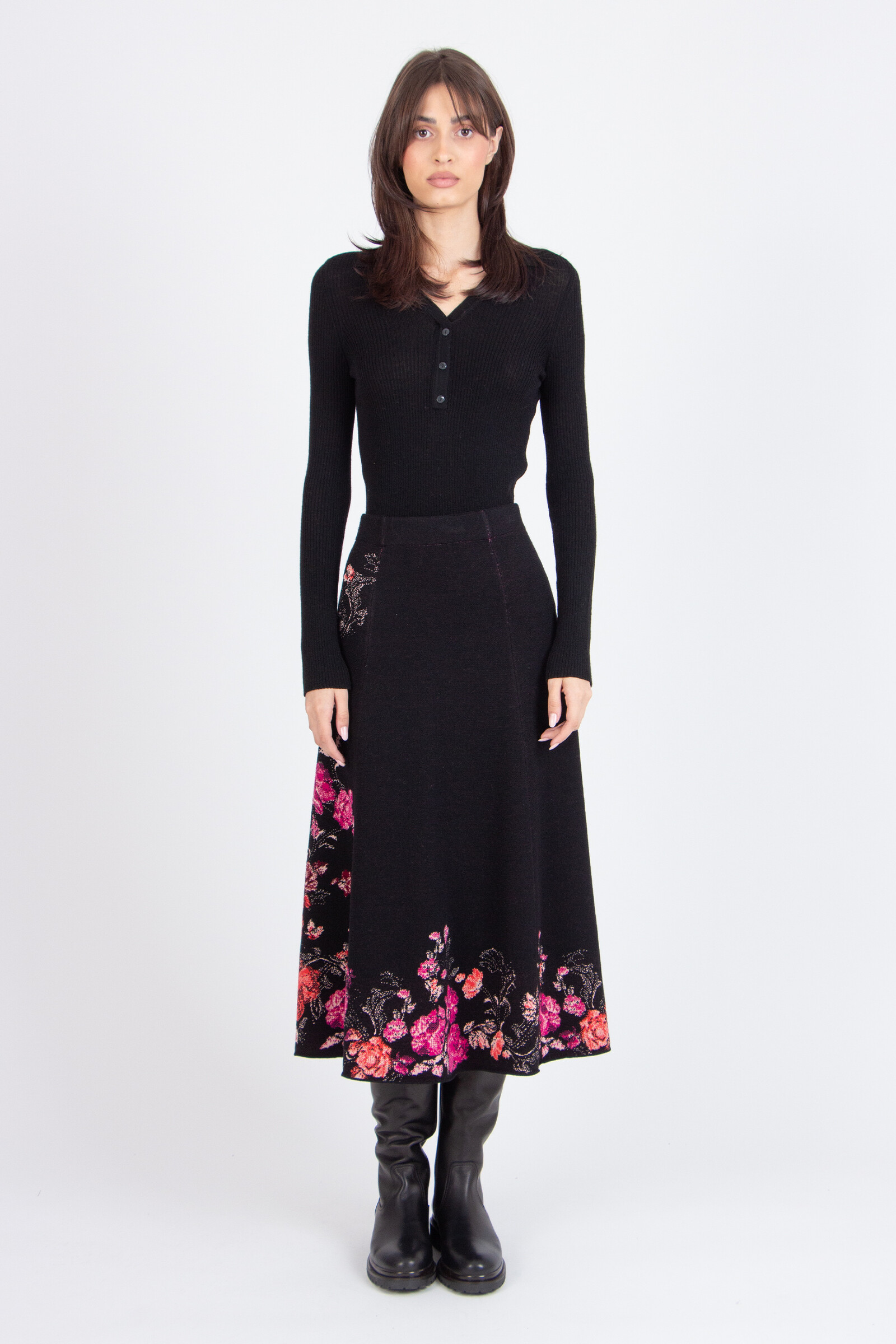 IVKO  Woman IVKO - Midi Skirt Furnishing Florals Pattern Chocolate Black | Uitgesproken Rok van Wol en Viscose