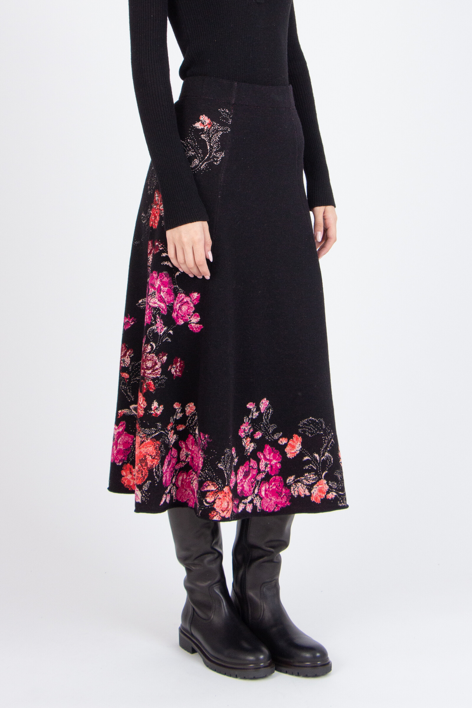 IVKO  Woman IVKO - Midi Skirt Furnishing Florals Pattern Chocolate Black | Uitgesproken Rok van Wol en Viscose