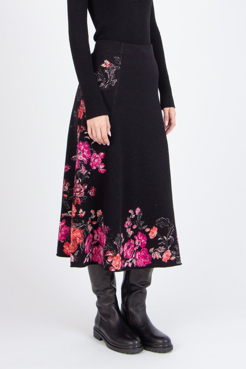 IVKO - Midi Skirt Furnishing Florals Pattern Chocolate Black | Jupe Marquée en Laine et Viscose