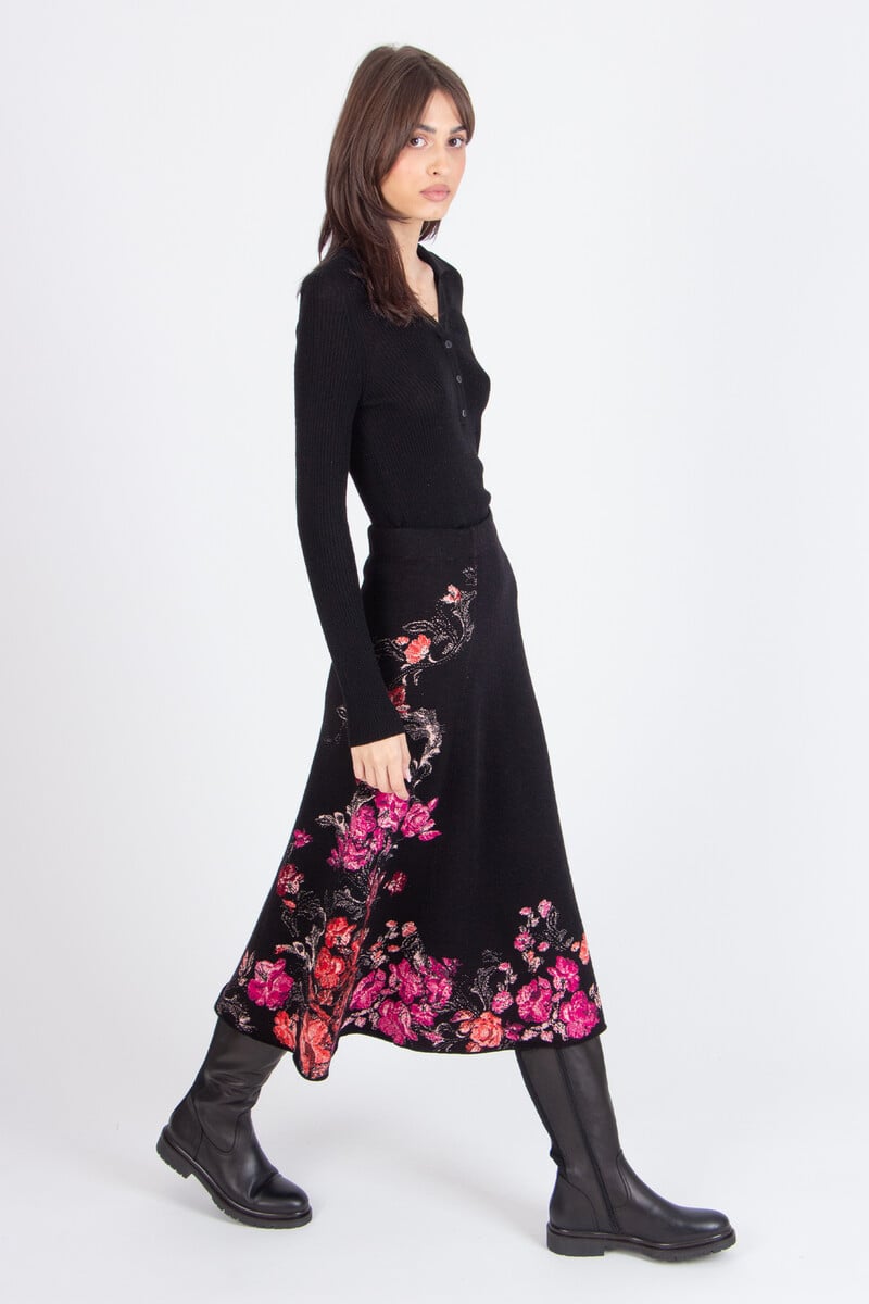 IVKO - Midi Skirt Furnishing Florals Pattern Chocolate Black | Bold Skirt of Wool and Viscose