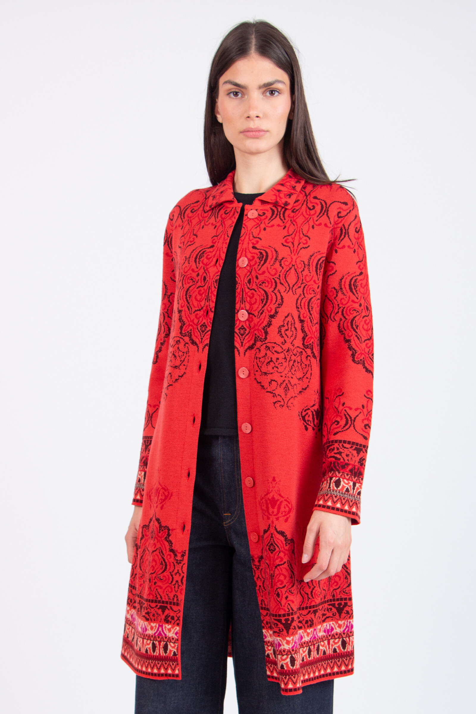 IVKO  Woman IVKO - Jacquard Coatigan Ornament Pattern Coral | IVKO Vest van 100% Wol met Kraag