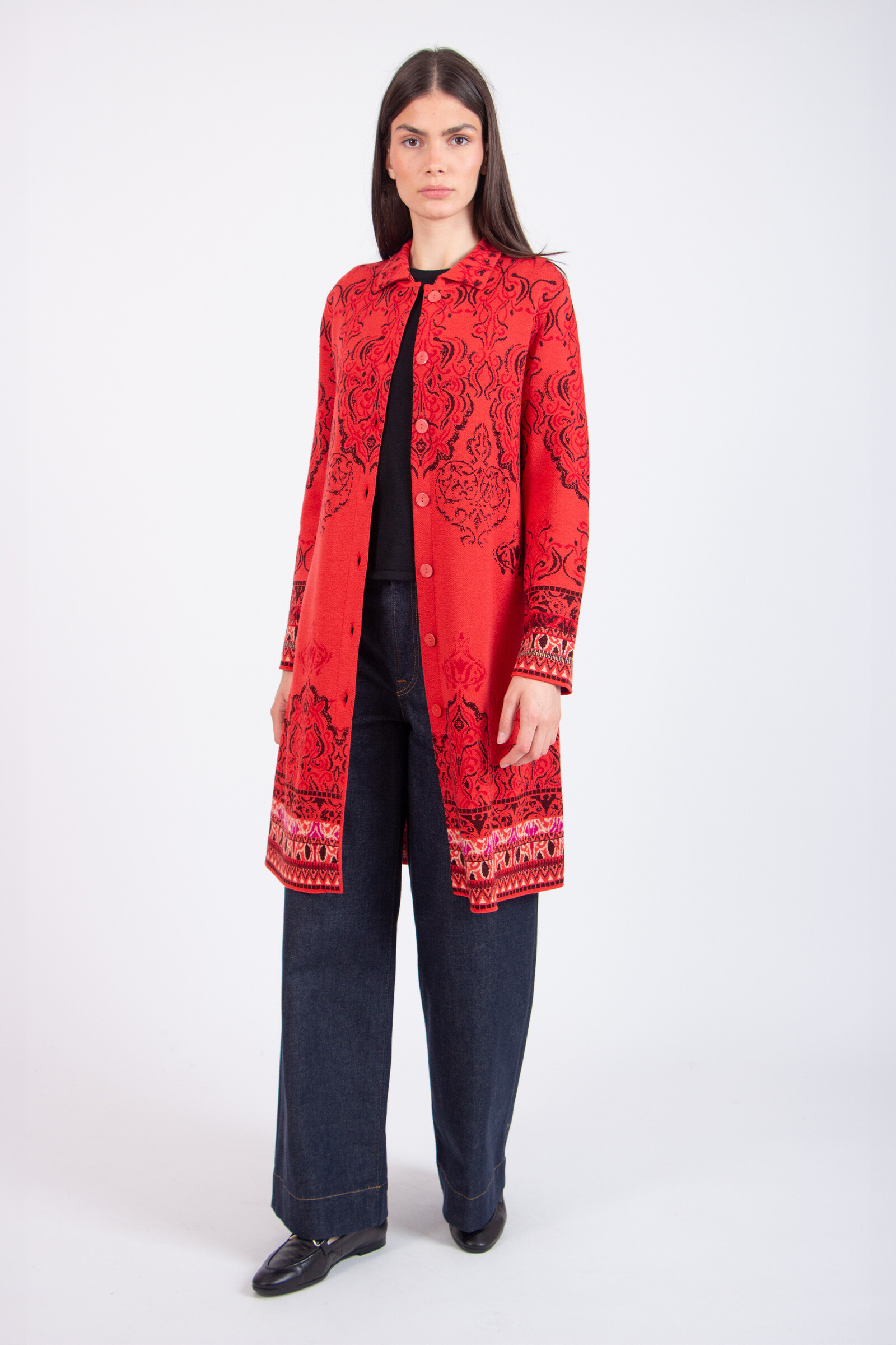 IVKO  Woman IVKO - Jacquard Coatigan Ornament Pattern Coral | IVKO Vest van 100% Wol met Kraag