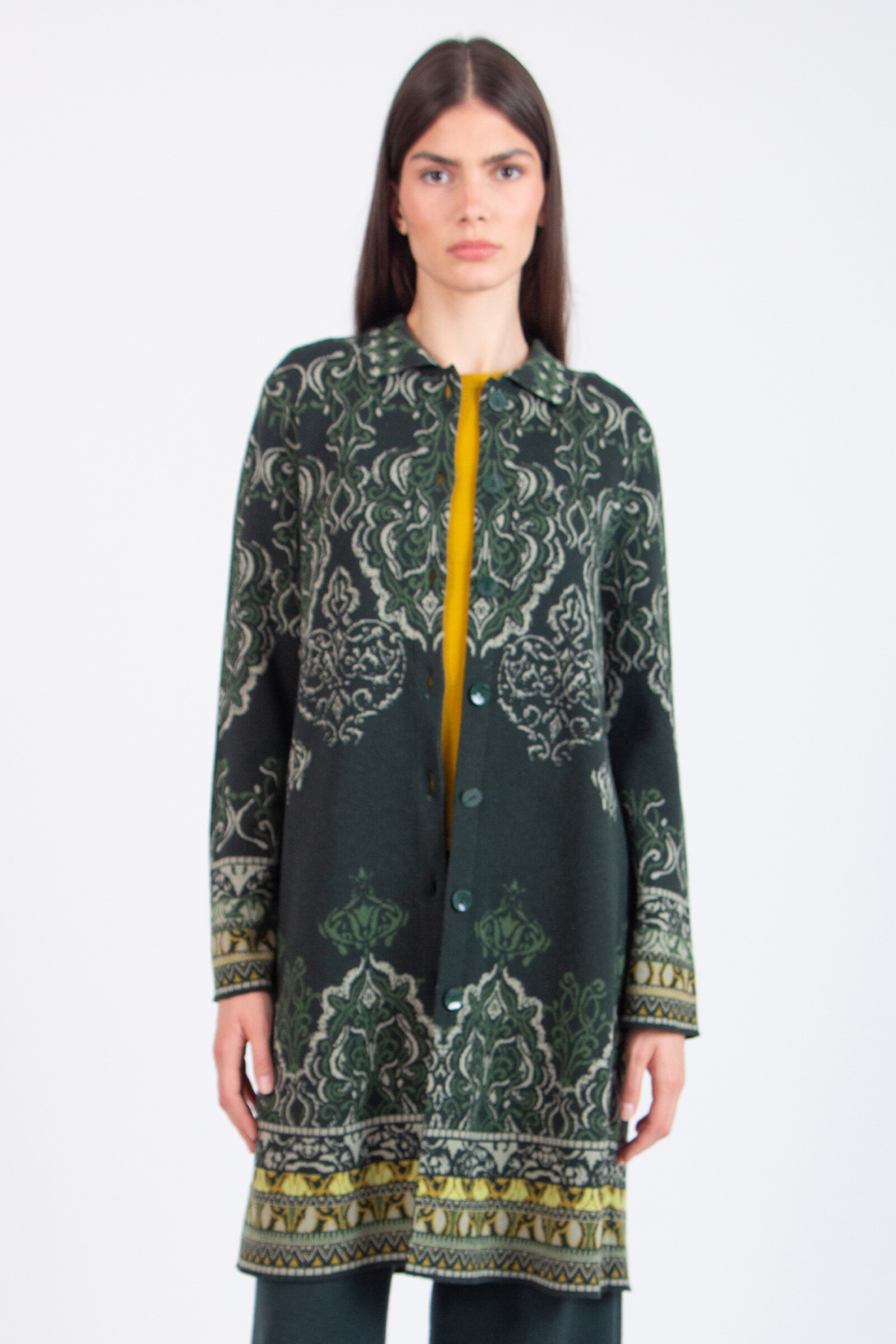 IVKO  Woman IVKO - Jacquard Coatigan Ornament Pattern Forest | IVKO Vest van 100% Wol met Kraag