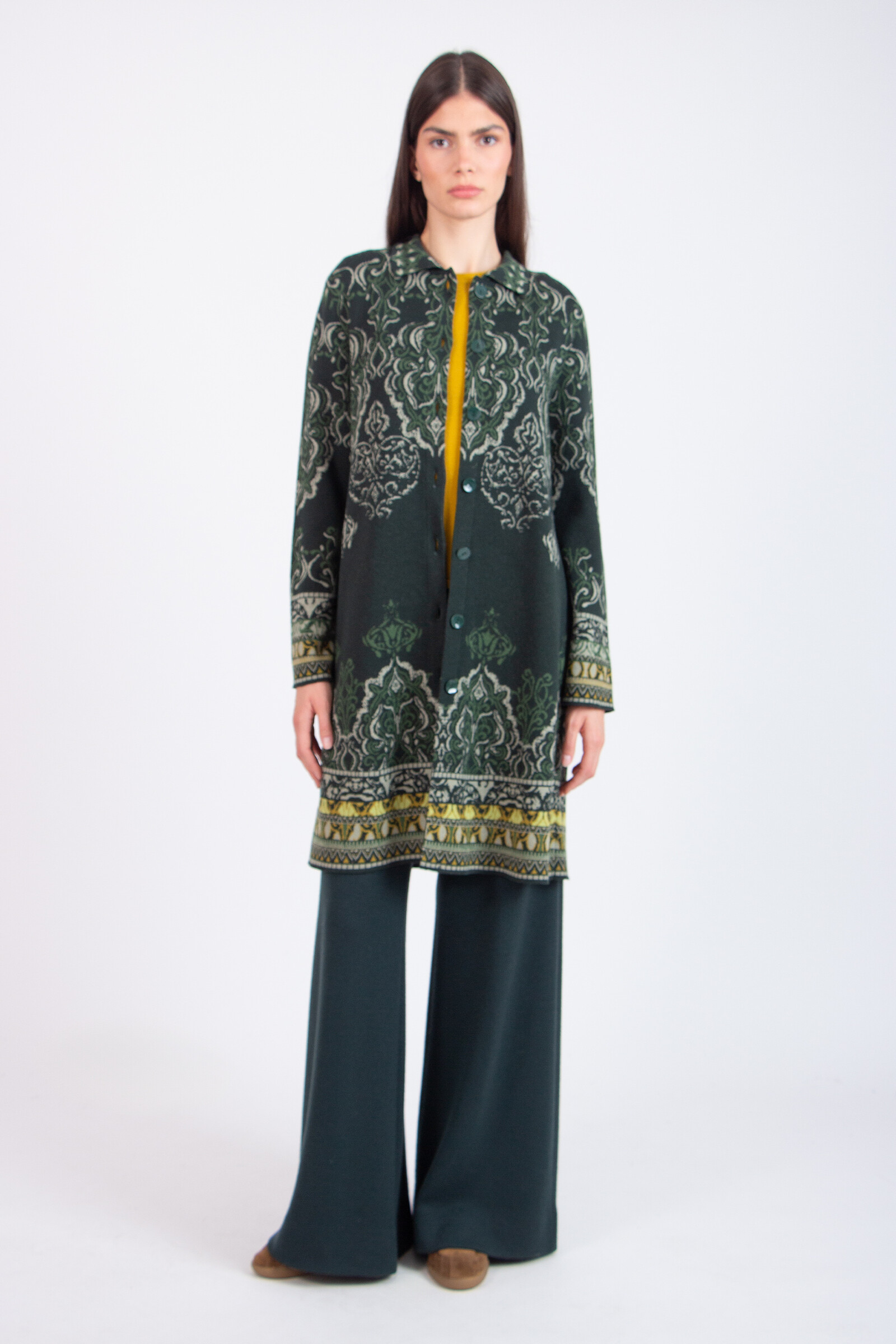 IVKO  Woman IVKO - Jacquard Coatigan Ornament Pattern Forest | IVKO Vest van 100% Wol met Kraag