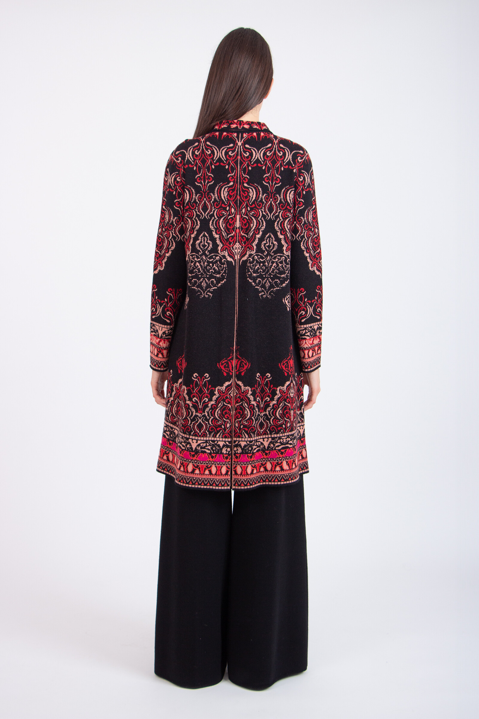 IVKO  Woman IVKO - Jacquard Coatigan Ornament Pattern Chocolate Black | IVKO Vest van 100% Wol met Kraag