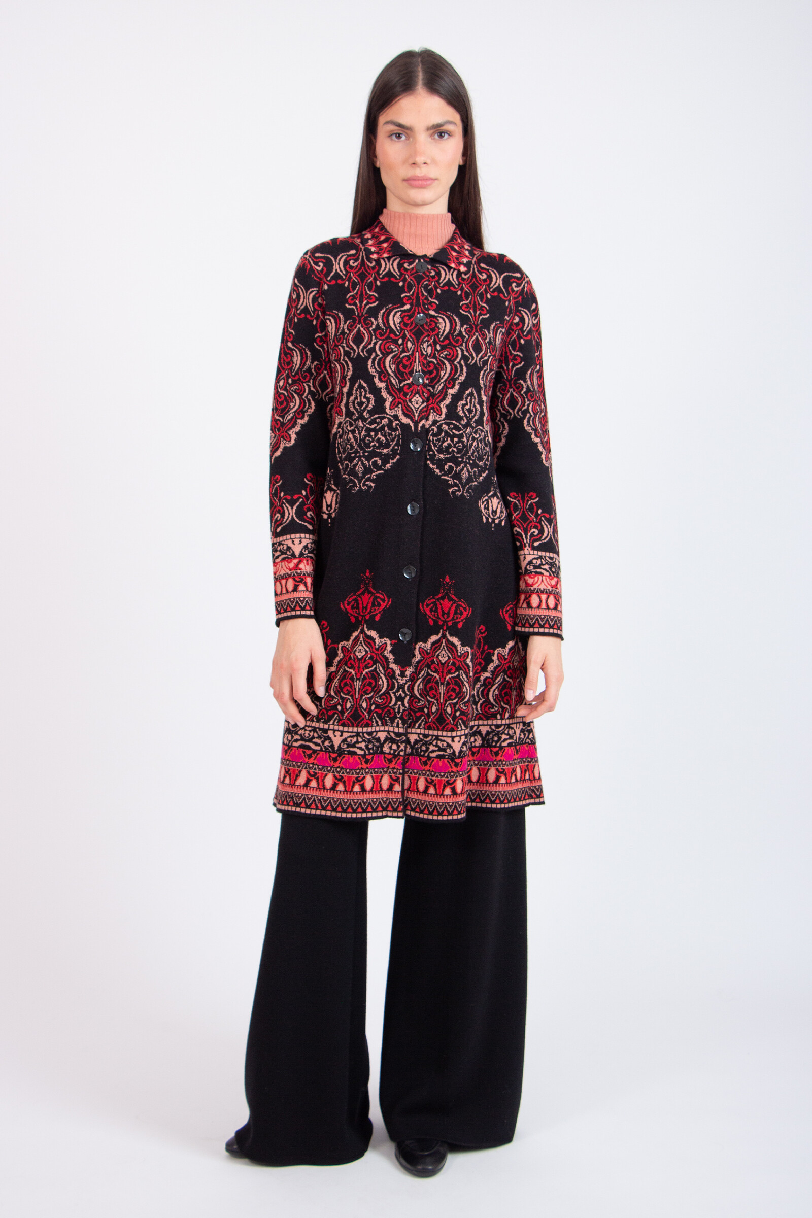 IVKO  Woman IVKO - Jacquard Coatigan Ornament Pattern Chocolate Black | IVKO Vest van 100% Wol met Kraag