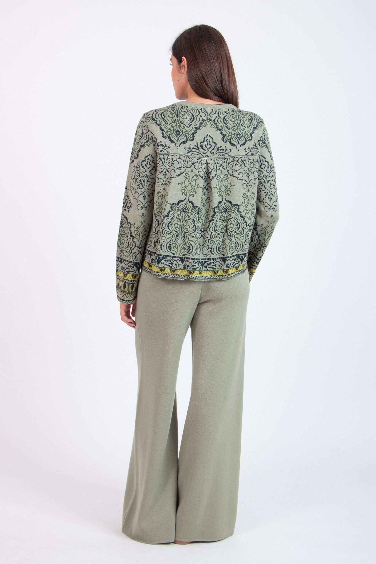 IVKO  Woman IVKO - Cardigan Ornament Pattern Salvia | Distinctive IVKO Wool Cardigan with Back Pleat and Wide Sleeves