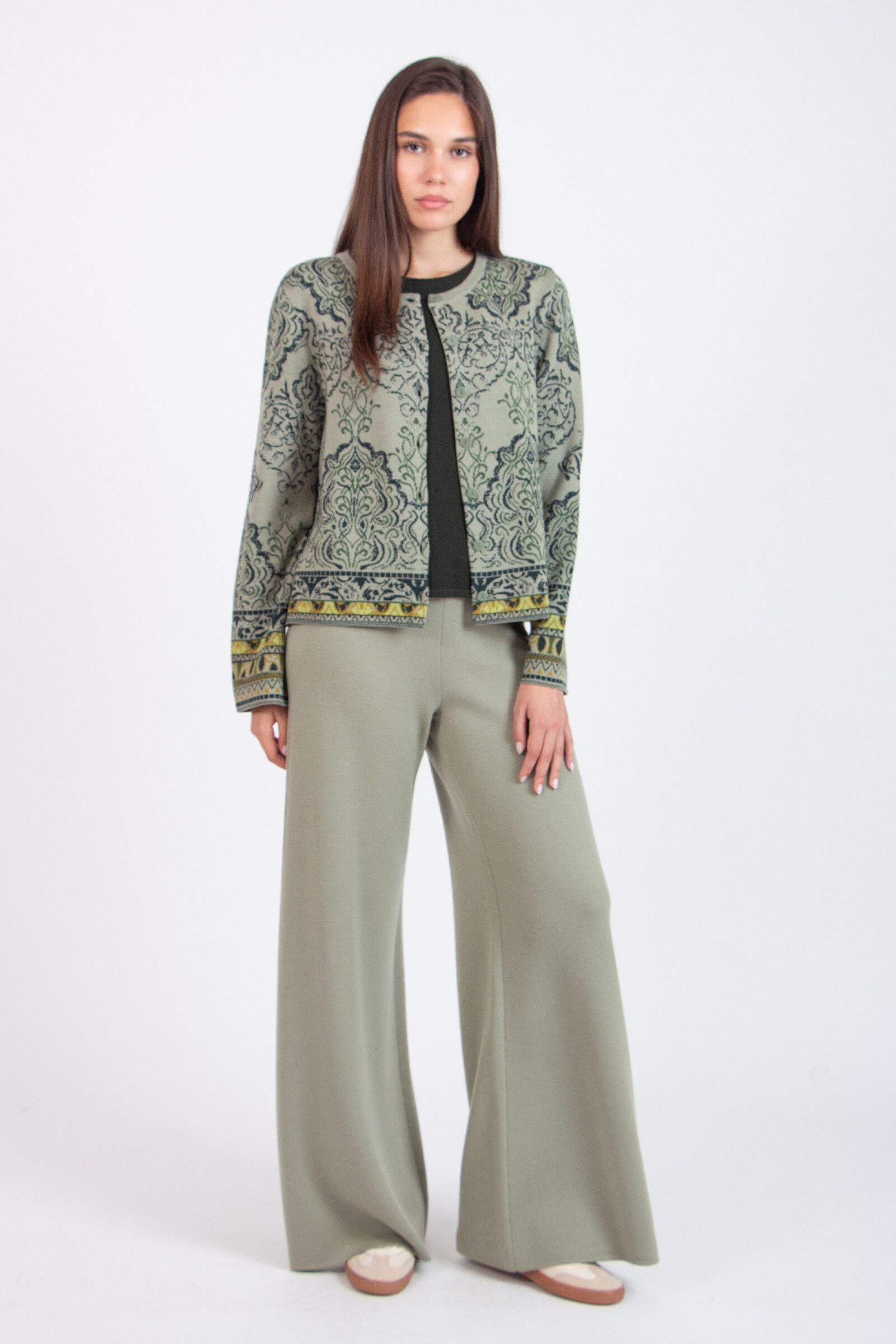 IVKO  Woman IVKO - Cardigan Ornament Pattern Salvia | Distinctive IVKO Wool Cardigan with Back Pleat and Wide Sleeves