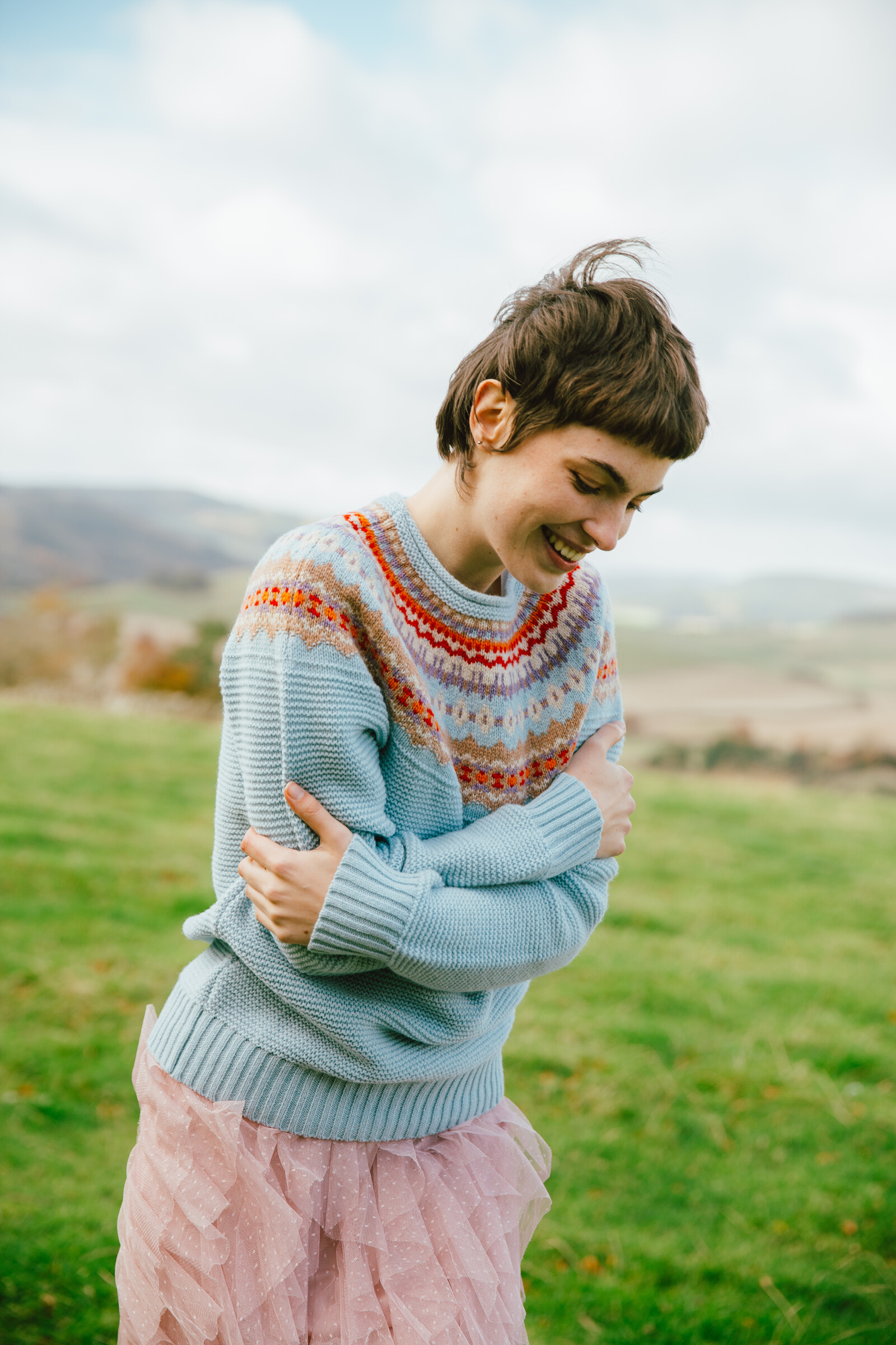 Eribé Eribé Stoneybrek Sweater Cornflower | Blauwe Trui met Fairisle Patroon van Merinowol