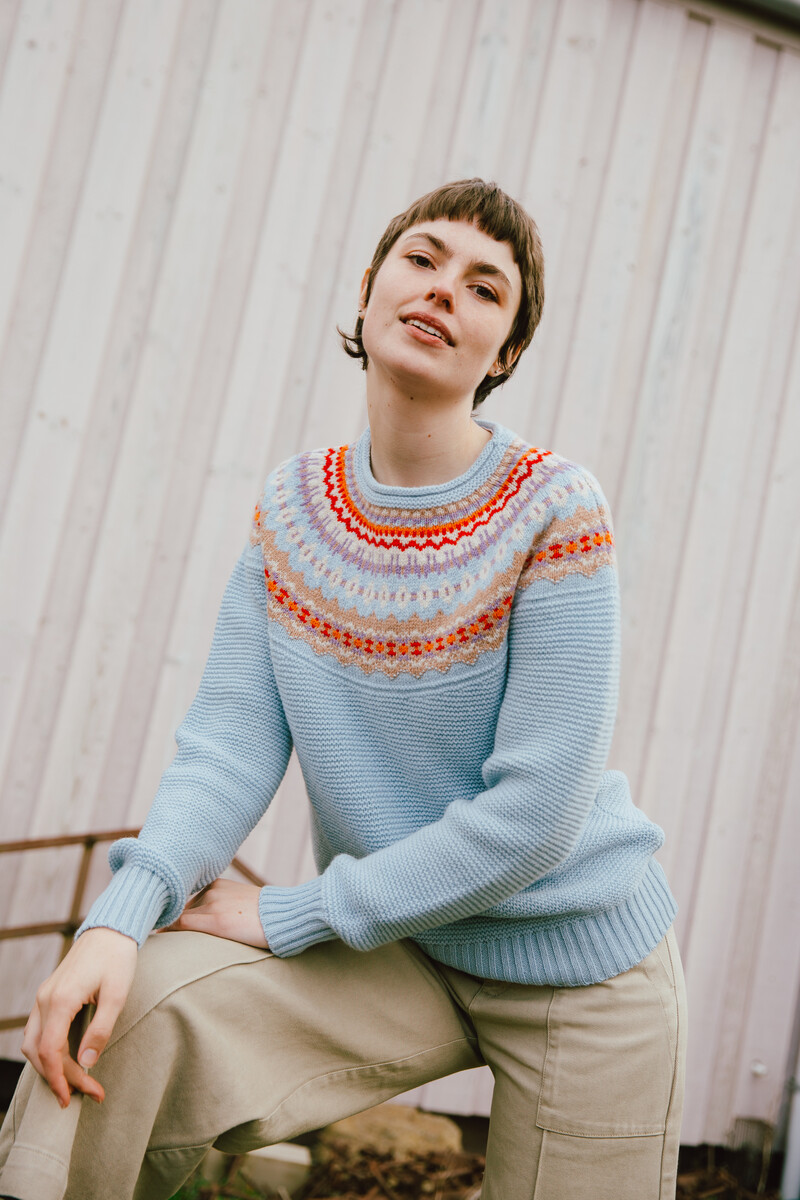 Eribé Stoneybrek Sweater Cornflower | Blue Sweater with Fairisle Pattern in Merino Wool