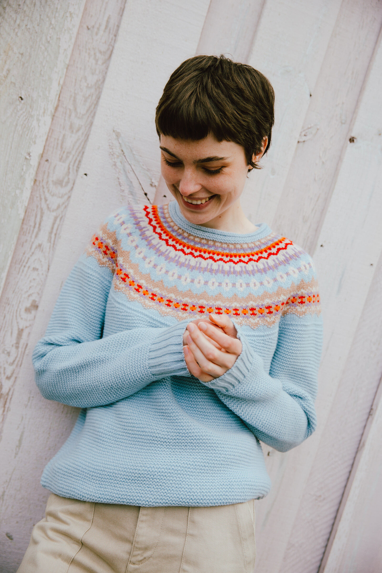 Eribé Eribé Stoneybrek Sweater Cornflower | Blauwe Trui met Fairisle Patroon van Merinowol