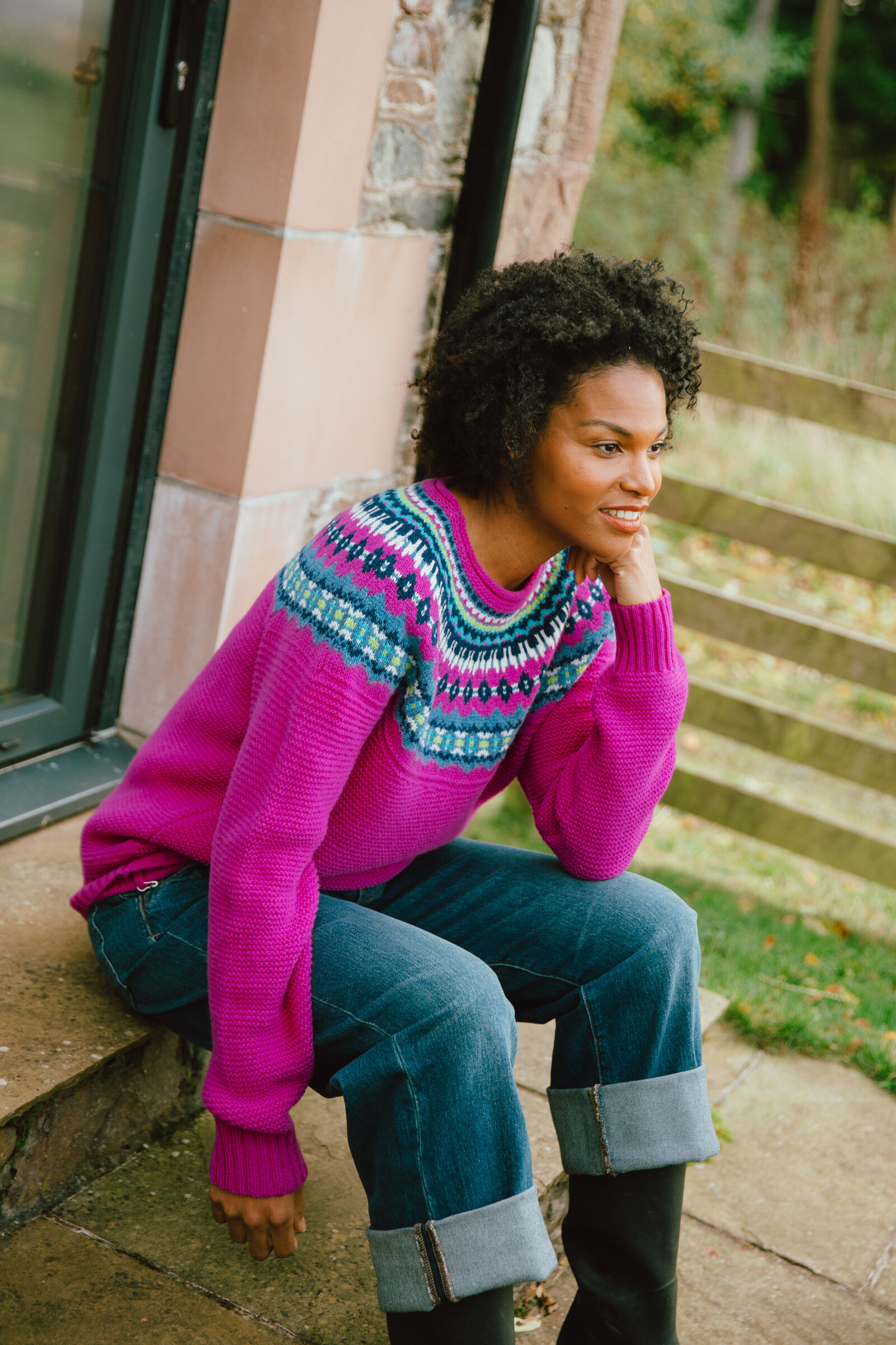 Eribé Eribé Stoneybrek Sweater Sweet Pea | Pull Rose à Motif Fairisle en Laine Mérinos