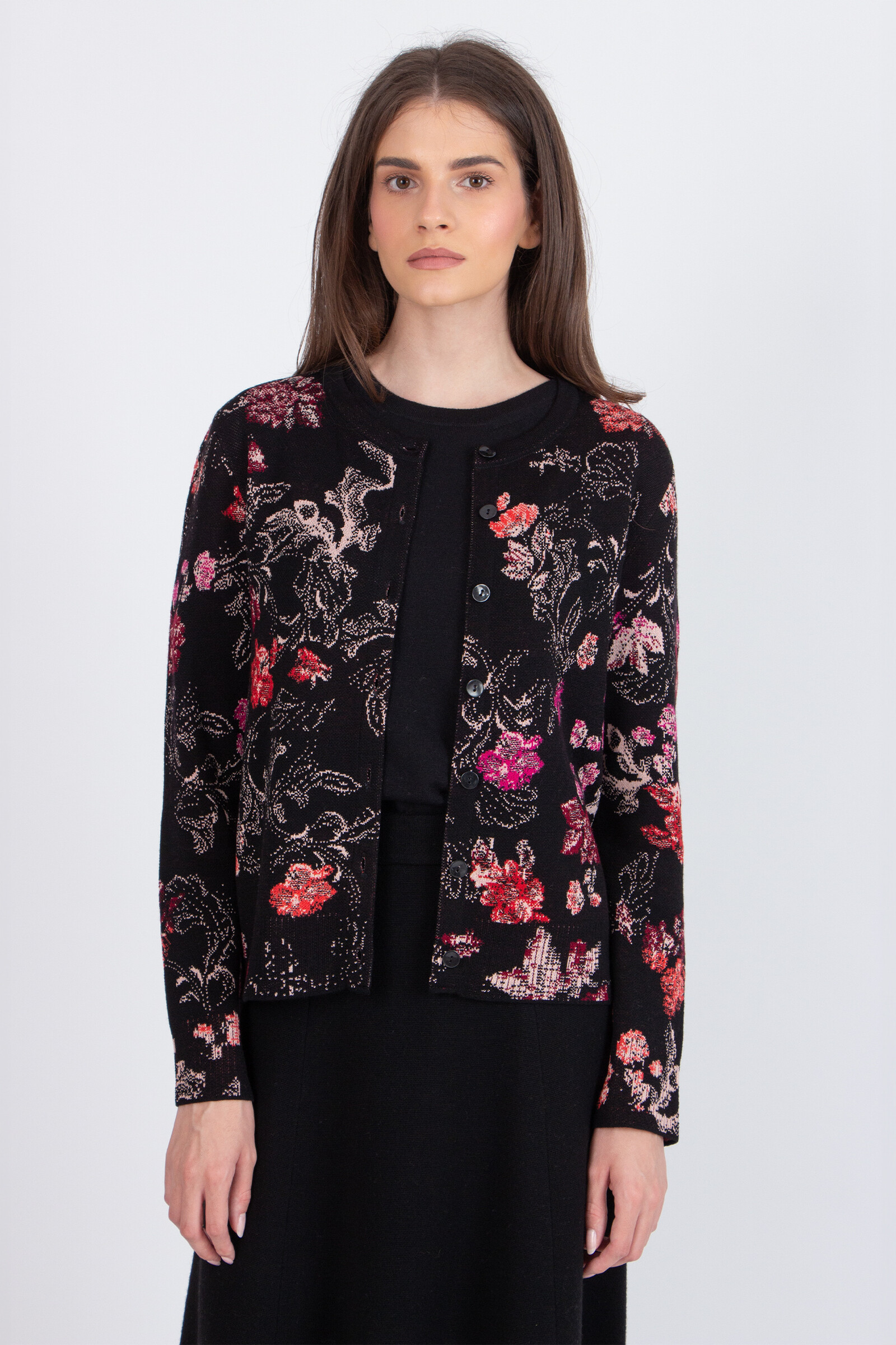IVKO  Woman IVKO - Jacquard Cardigan Furnishing Florals Pattern Chocolate Black | Magic IVKO Cardigan in Wool & Viscose