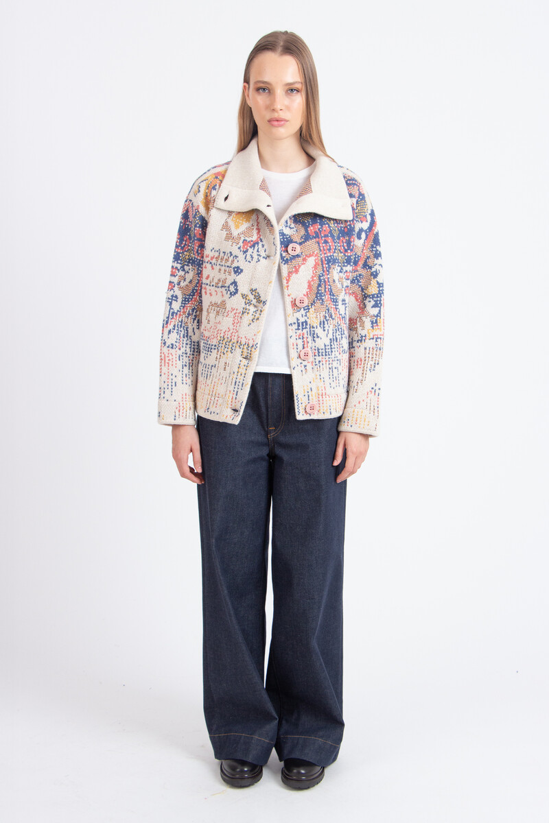 IVKO - Jacquard Roll-Neck Jacket Kilim Pattern Off-White | Unlined Cream White IVKO Jacket Wool Mix