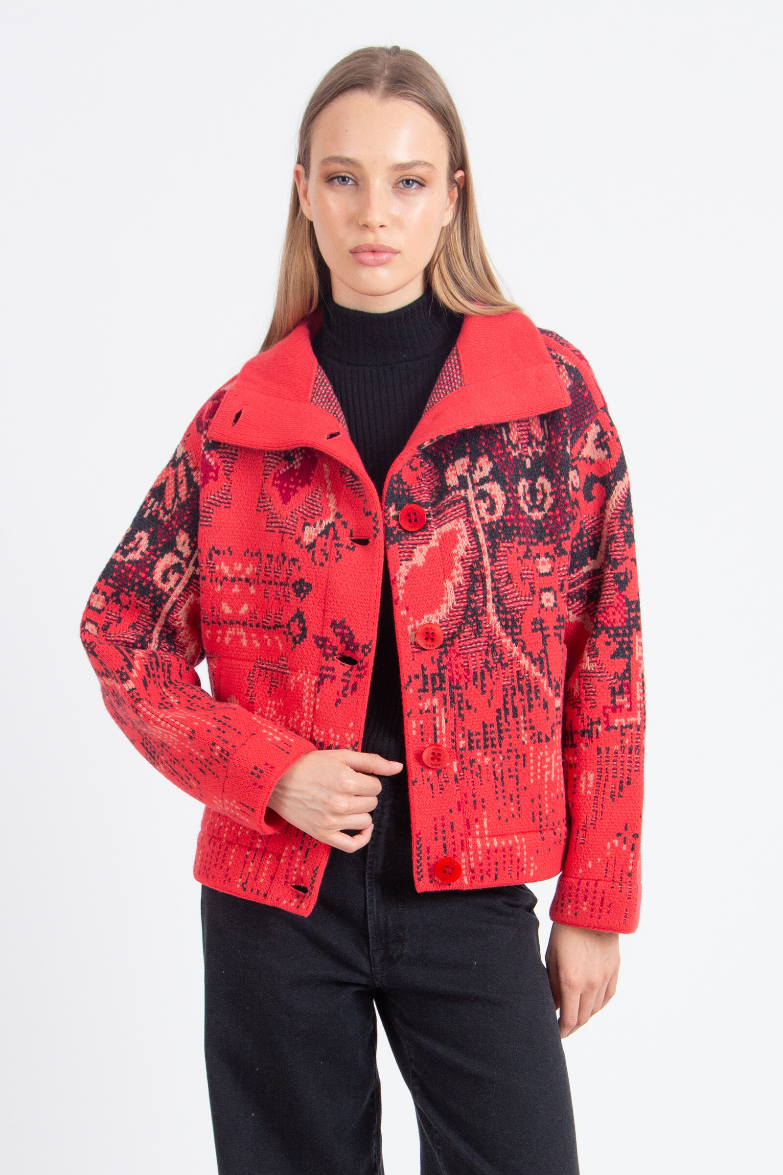 IVKO  Woman IVKO - Jacquard Roll-Neck Jacket Kilim Pattern Coral | Ungefütterte Korallenrote IVKO Jacke aus Wollmischung