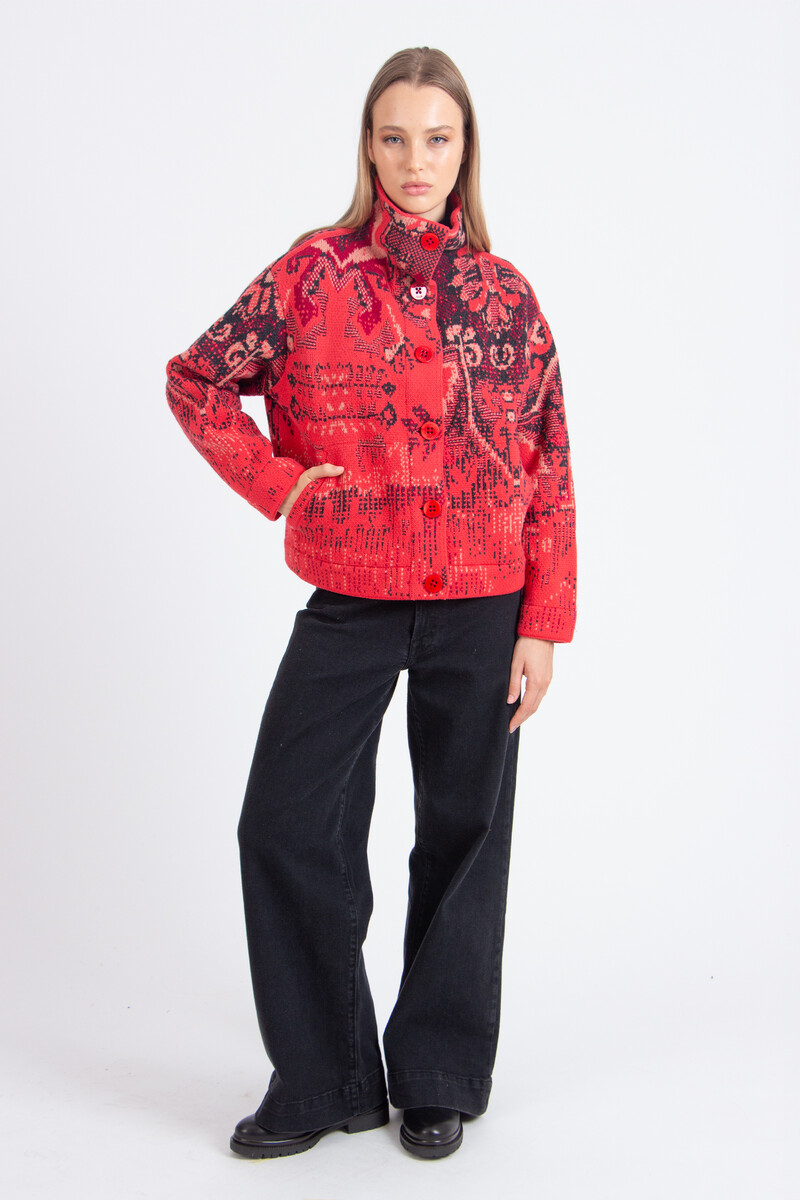 IVKO - Jacquard Roll-Neck Jacket Kilim Pattern Coral | Ungefütterte Korallenrote IVKO Jacke aus Wollmischung